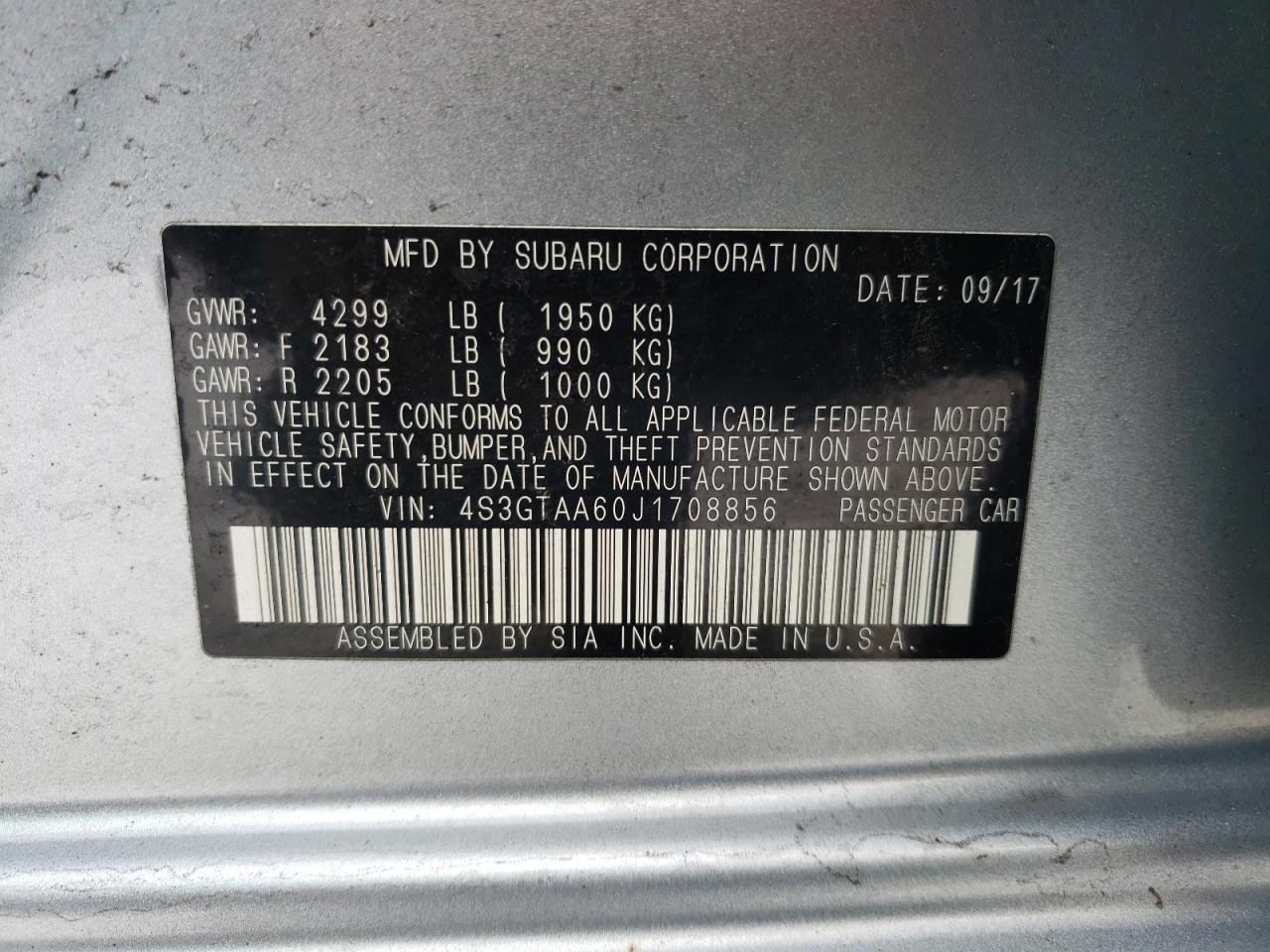 Photo 10 from auction – 2018 SUBARU IMPREZA with VIN 4S3GTAA60J1708856