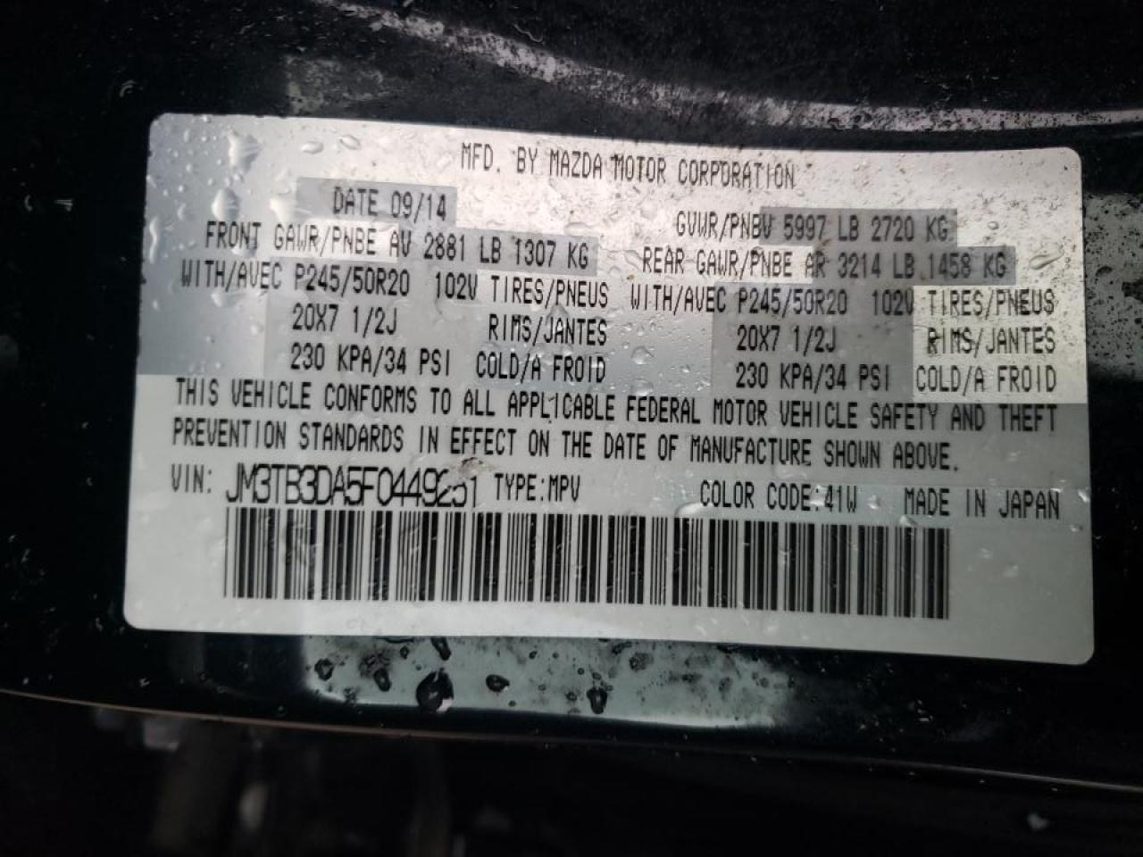 Photo 10 from auction – 2015 MAZDA CX-9 GRAND with VIN JM3TB3DA5F0449251