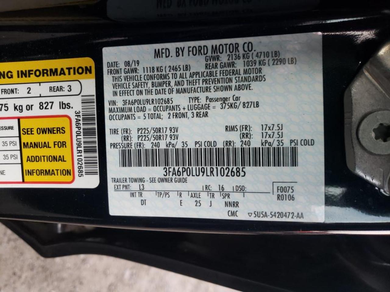 Photo 10 from auction – 2020 FORD FUSION SE with VIN 3FA6P0LU9LR102685