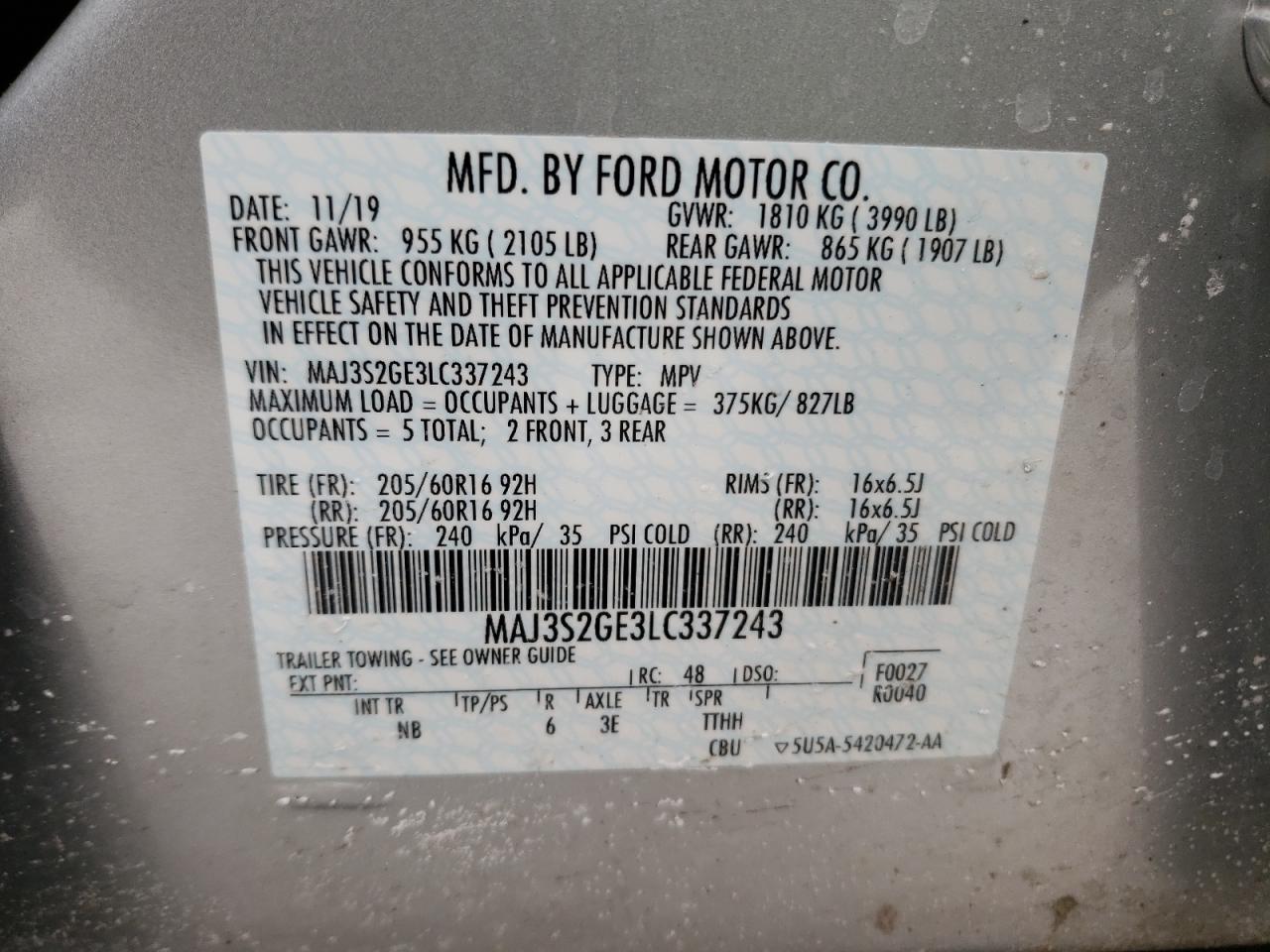Photo 10 from auction – 2020 FORD ECOSPORT S with VIN MAJ3S2GE3LC337243