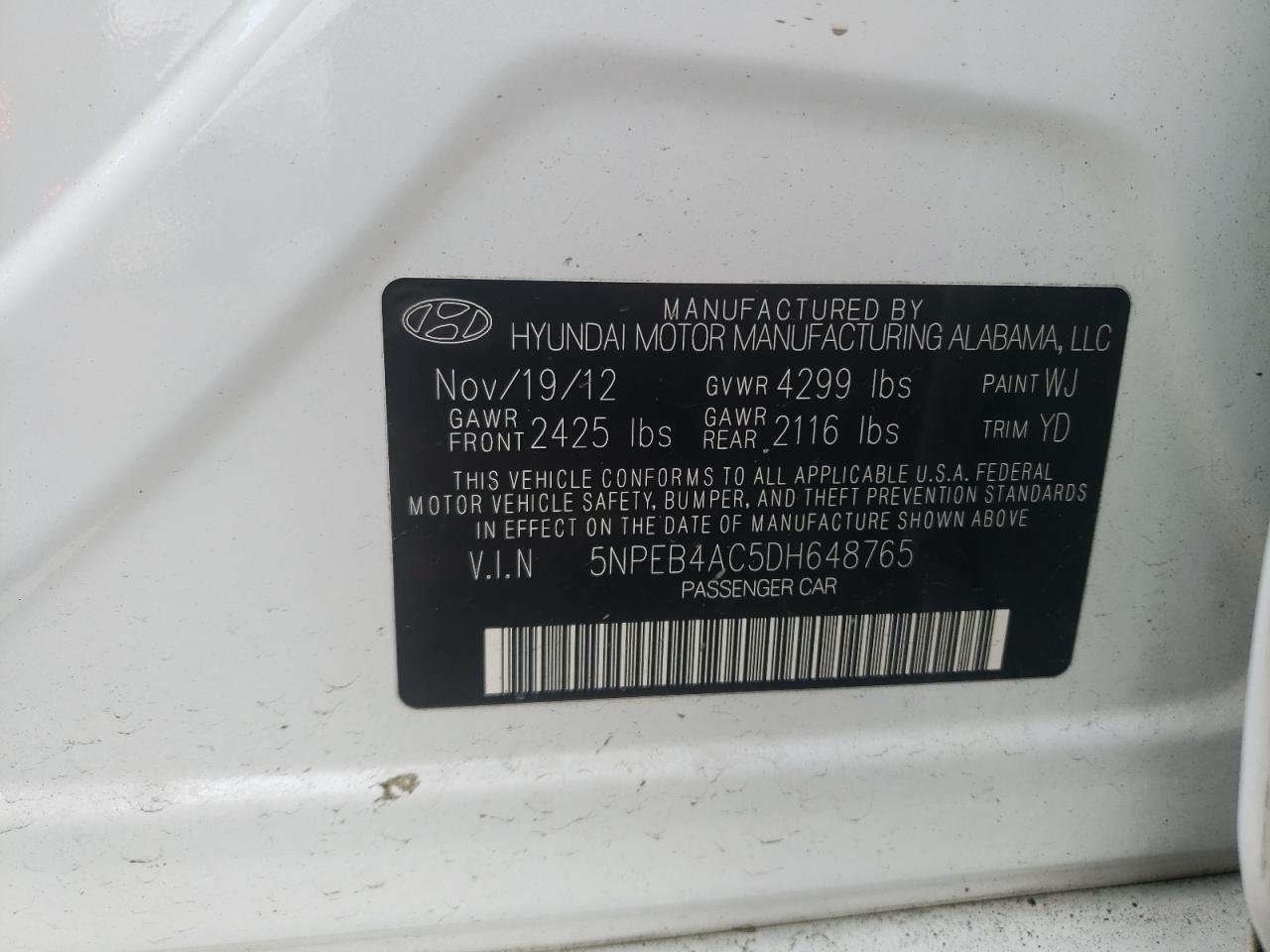 Photo 10 from auction – 2013 HYUNDAI SONATA GLS with VIN 5NPEB4AC5DH648765