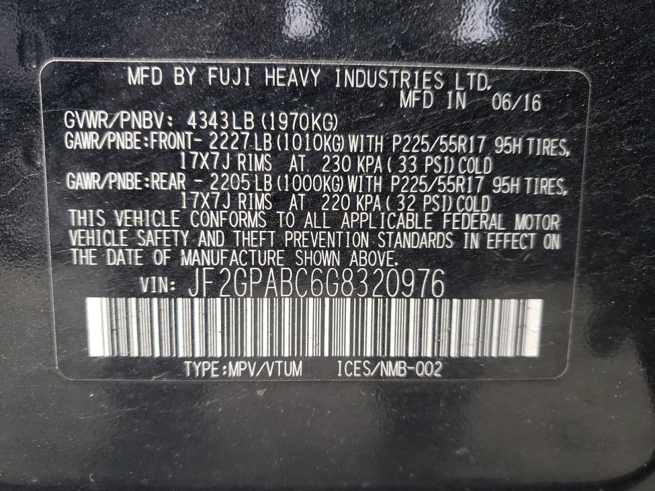 Photo 10 from auction – 2016 SUBARU CROSSTREK with VIN JF2GPABC6G8320976