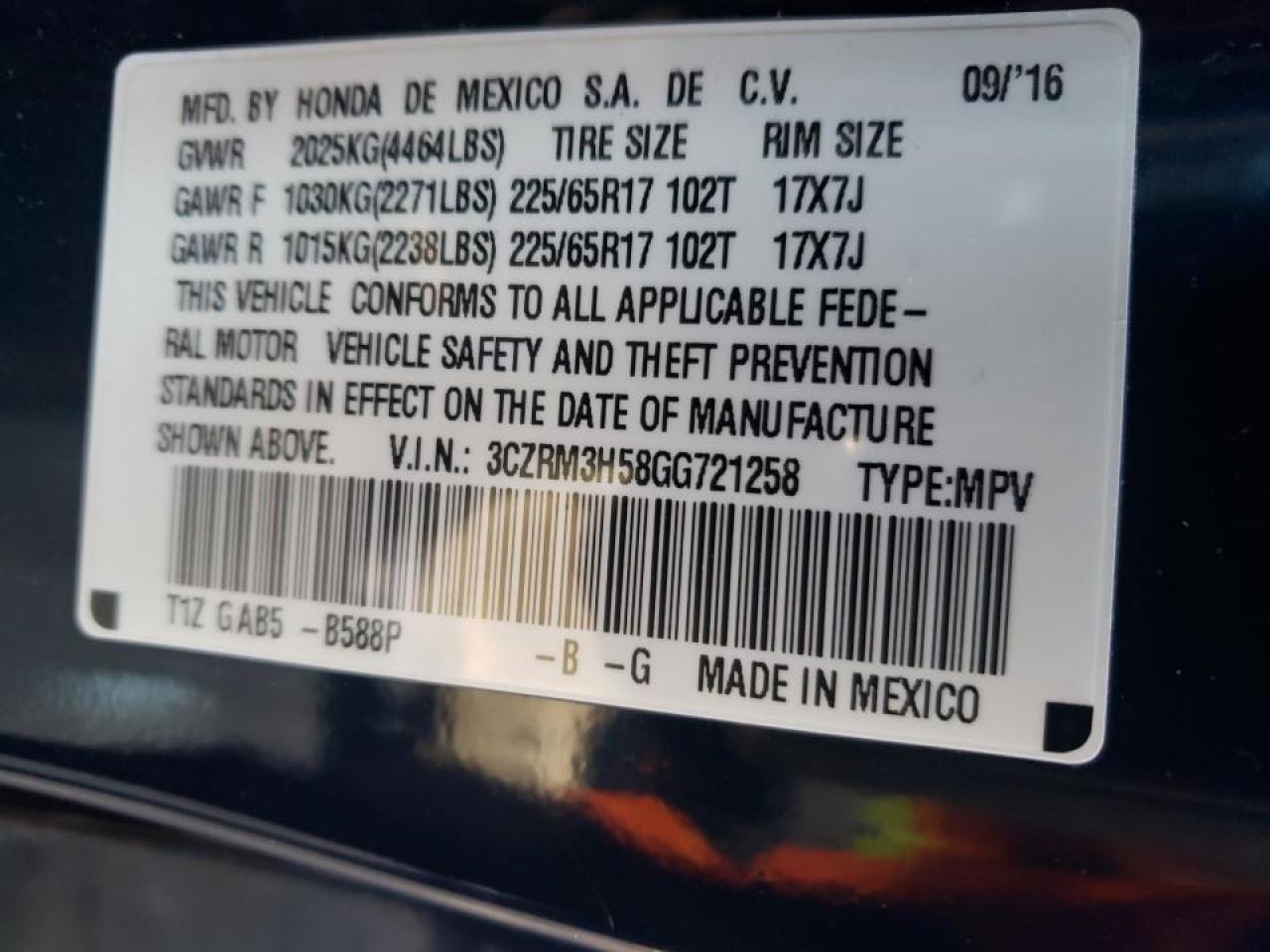 Photo 10 from auction – 2016 HONDA CR-V EX with VIN 3CZRM3H58GG721258