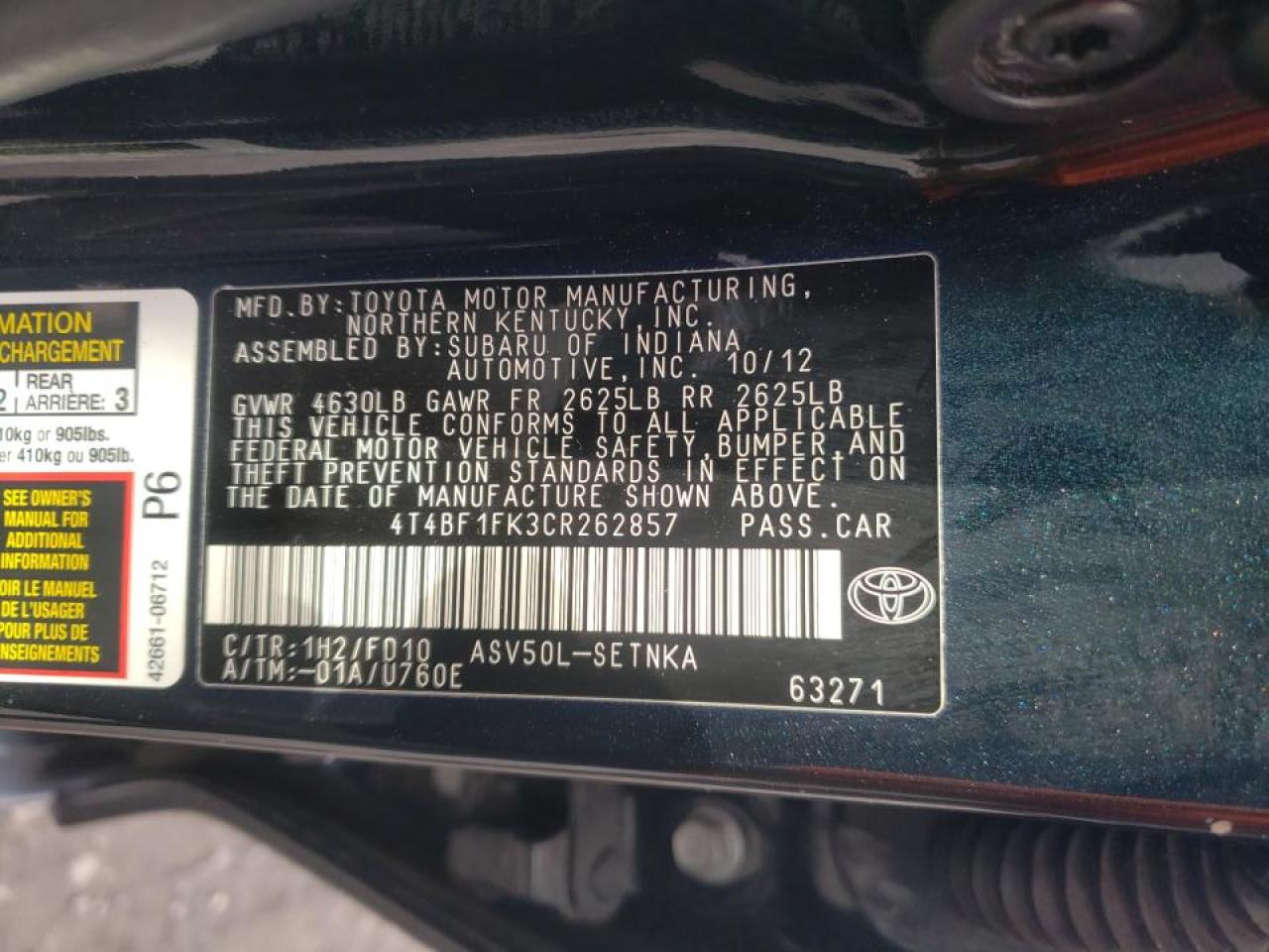 Photo 10 from auction – 2012 TOYOTA CAMRY BASE with VIN 4T4BF1FK3CR262857