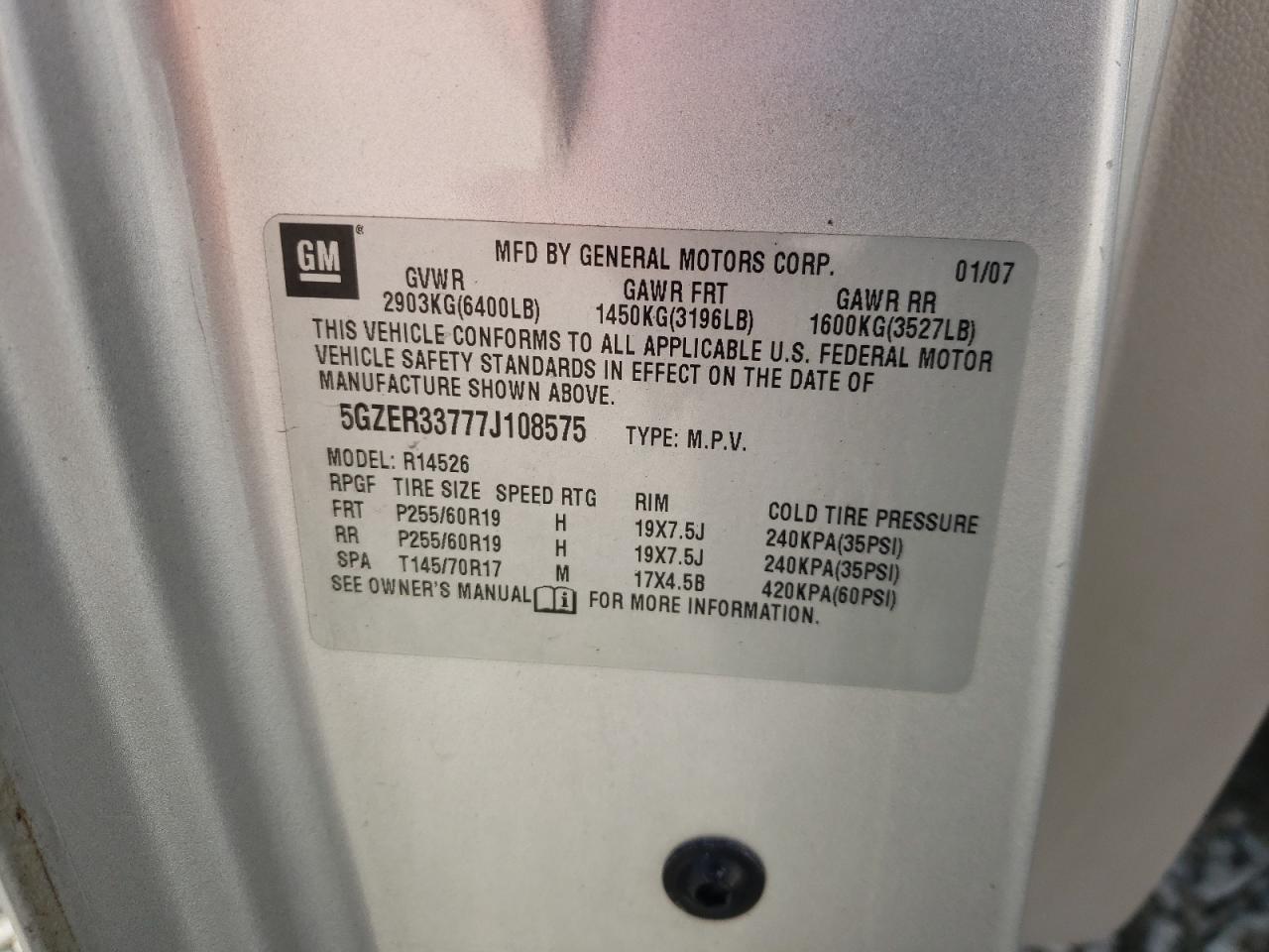 Photo 10 from auction – 2007 SATURN OUTLOOK SP with VIN 5GZER33777J108575