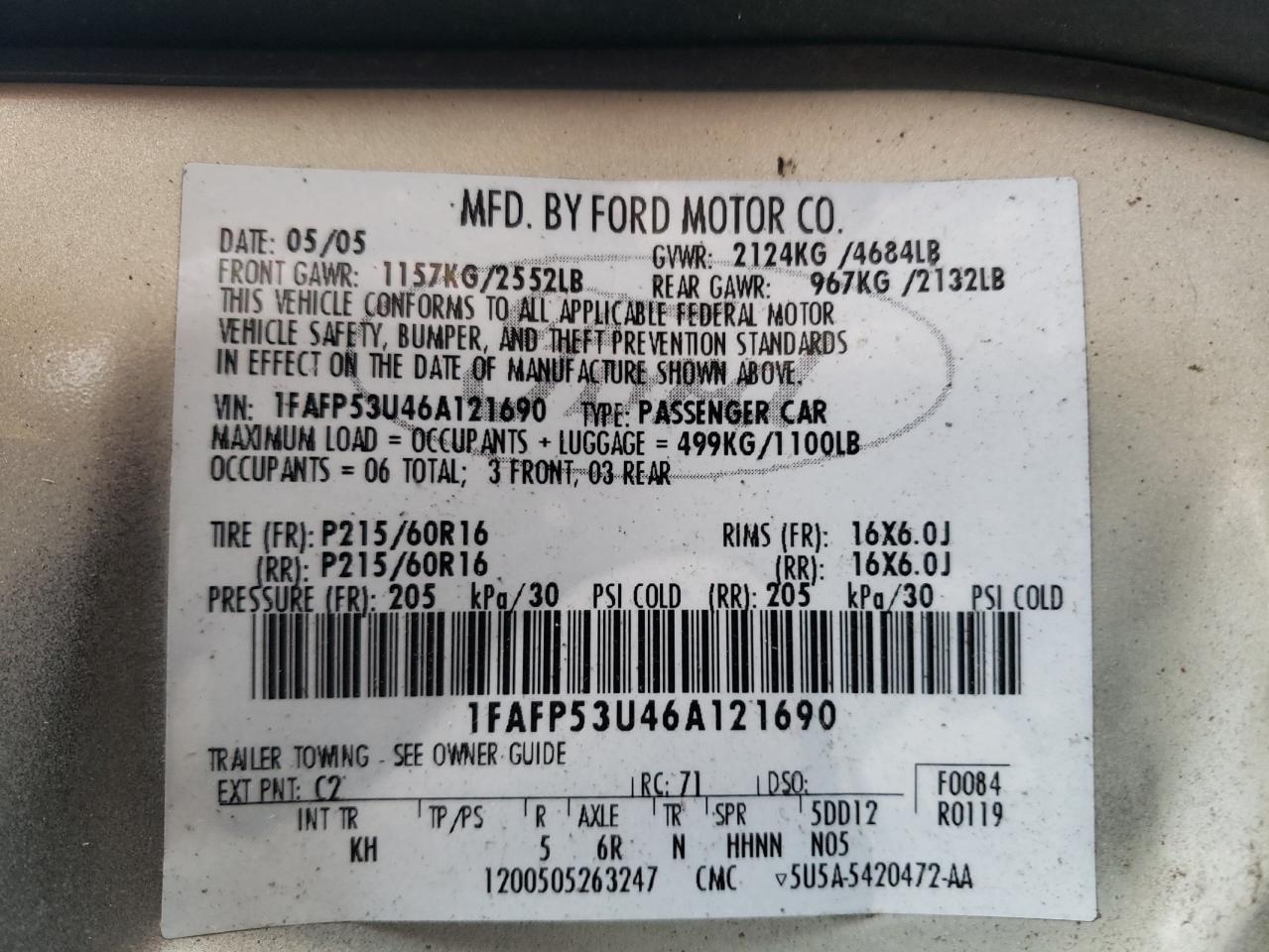 Photo 10 from auction – 2006 FORD TAURUS SE with VIN 1FAFP53U46A121690