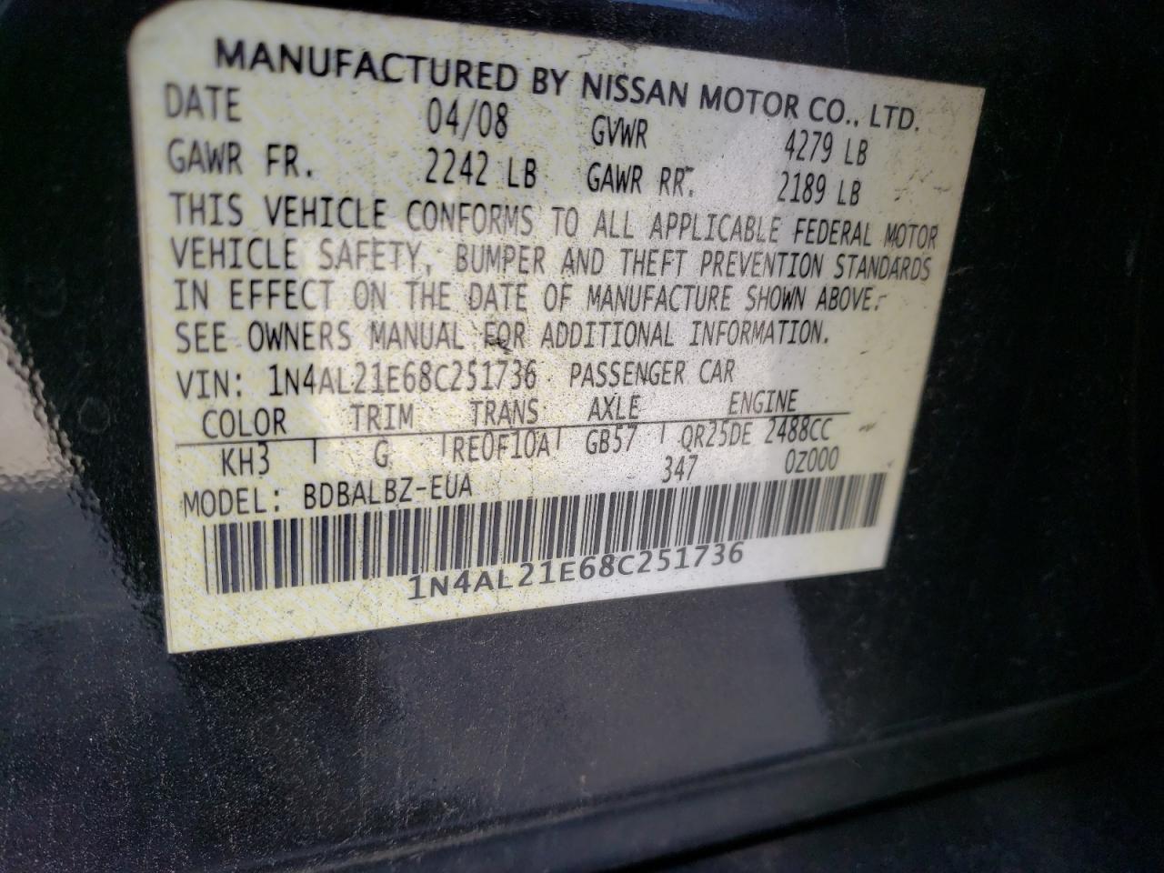 Photo 10 from auction – 2008 NISSAN ALTIMA 2.5 with VIN 1N4AL21E68C251736