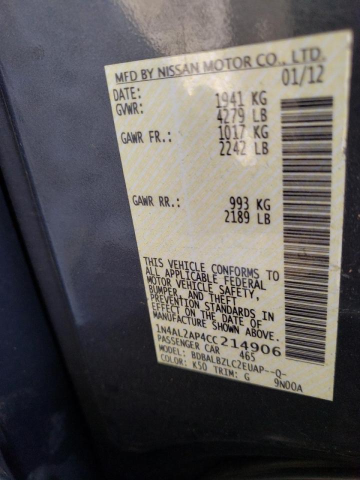 Photo 10 from auction – 2012 NISSAN ALTIMA BAS with VIN 1N4AL2AP4CC214906
