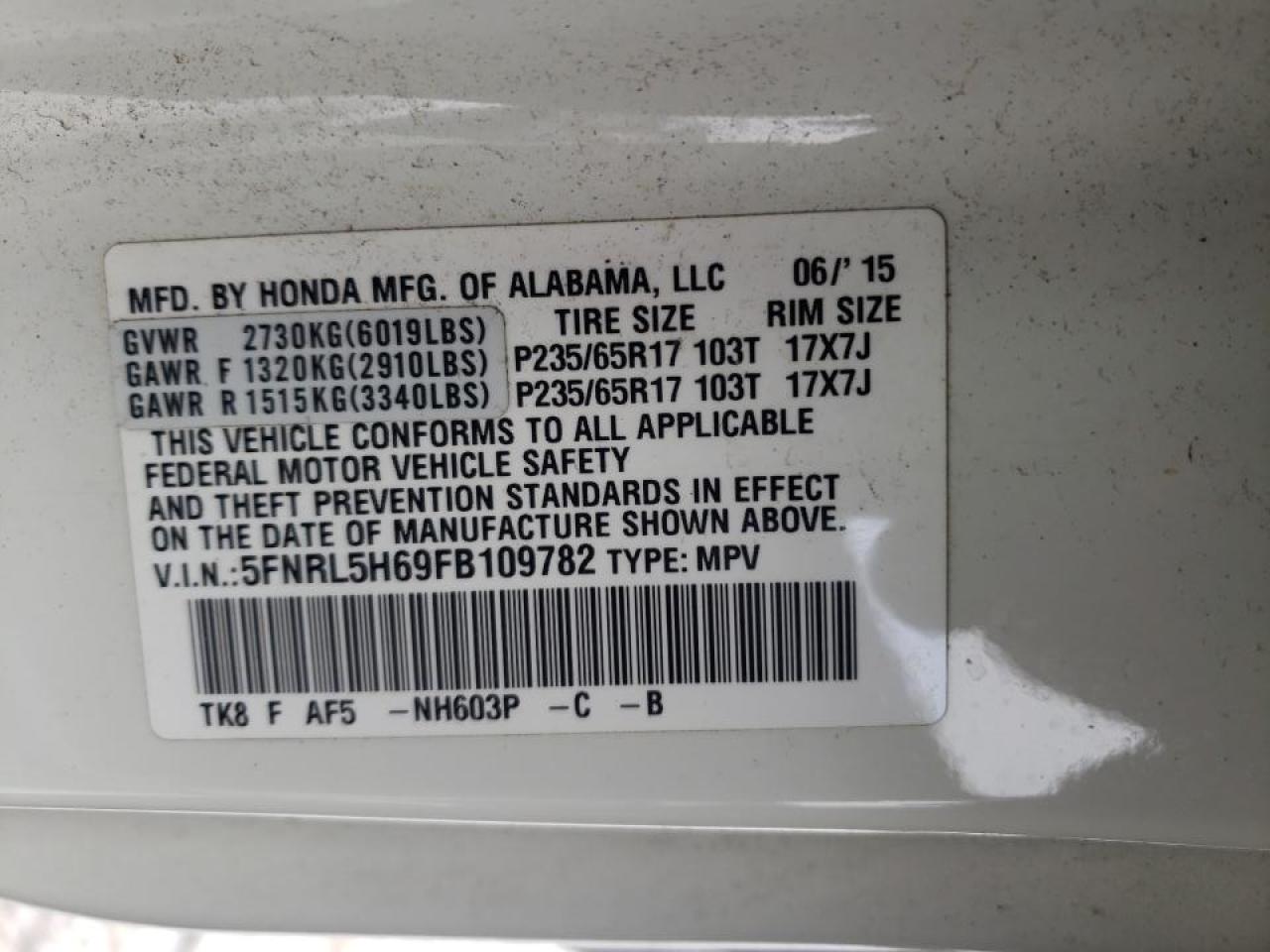 Photo 10 from auction – 2015 HONDA ODYSSEY EX with VIN 5FNRL5H69FB109782
