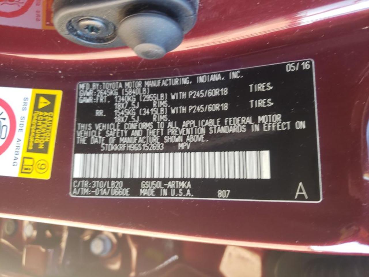 Photo 10 from auction – 2016 TOYOTA HIGHLANDER with VIN 5TDKKRFH9GS152693