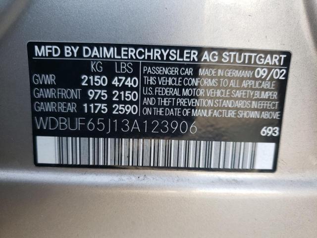 Photo 10 from auction – 2003 MERCEDES-BENZ E320 with VIN WDBUF65J13A123906