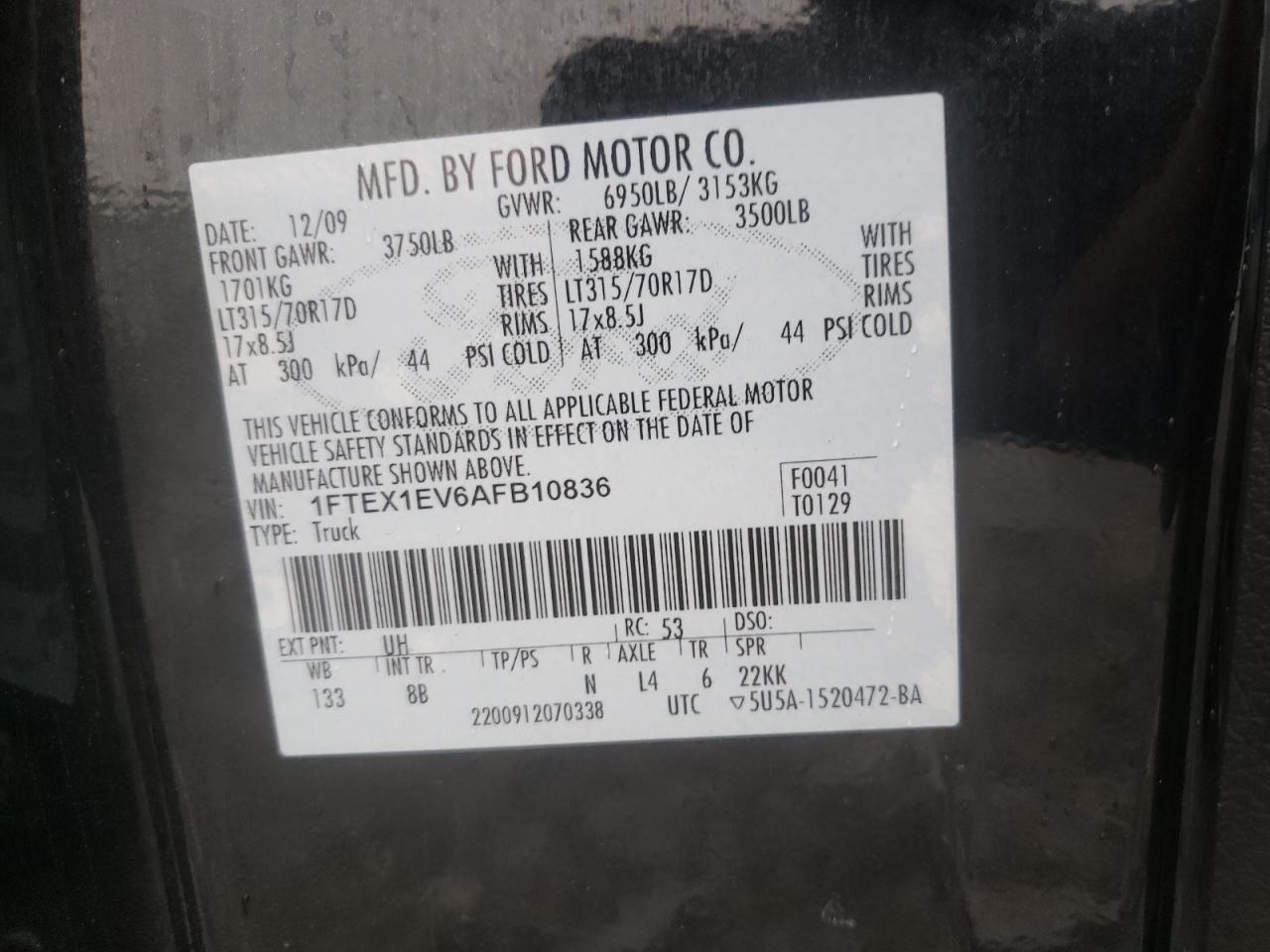 Photo 10 from auction – 2010 FORD F150 SUPER with VIN 1FTEX1EV6AFB10836