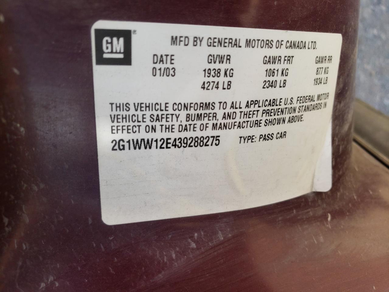 Photo 10 from auction – 2003 CHEVROLET MONTE CARL with VIN 2G1WW12E439288275