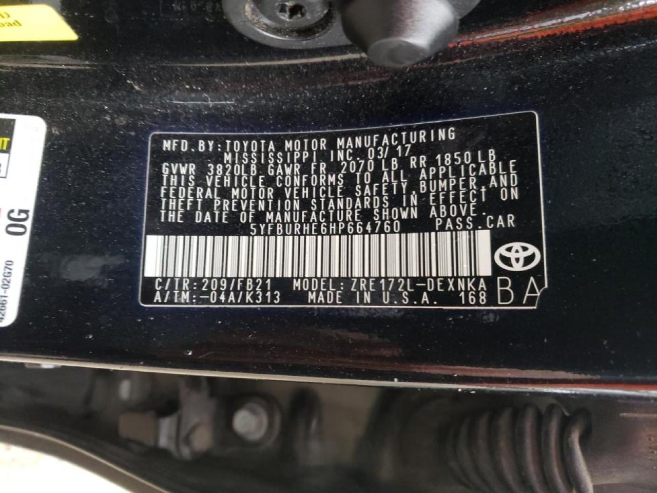 Photo 10 from auction – 2017 TOYOTA COROLLA L with VIN 5YFBURHE6HP664760