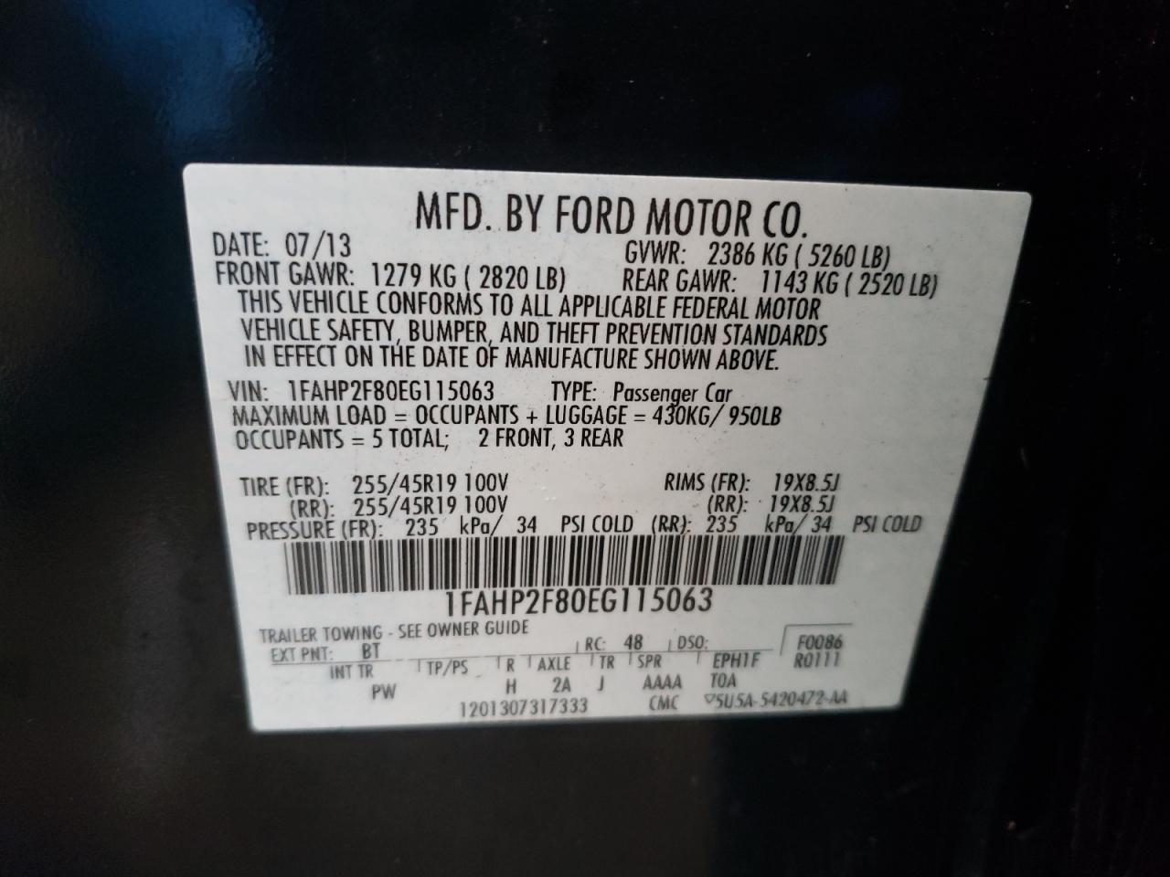 Photo 10 from auction – 2014 FORD TAURUS LIM with VIN 1FAHP2F80EG115063
