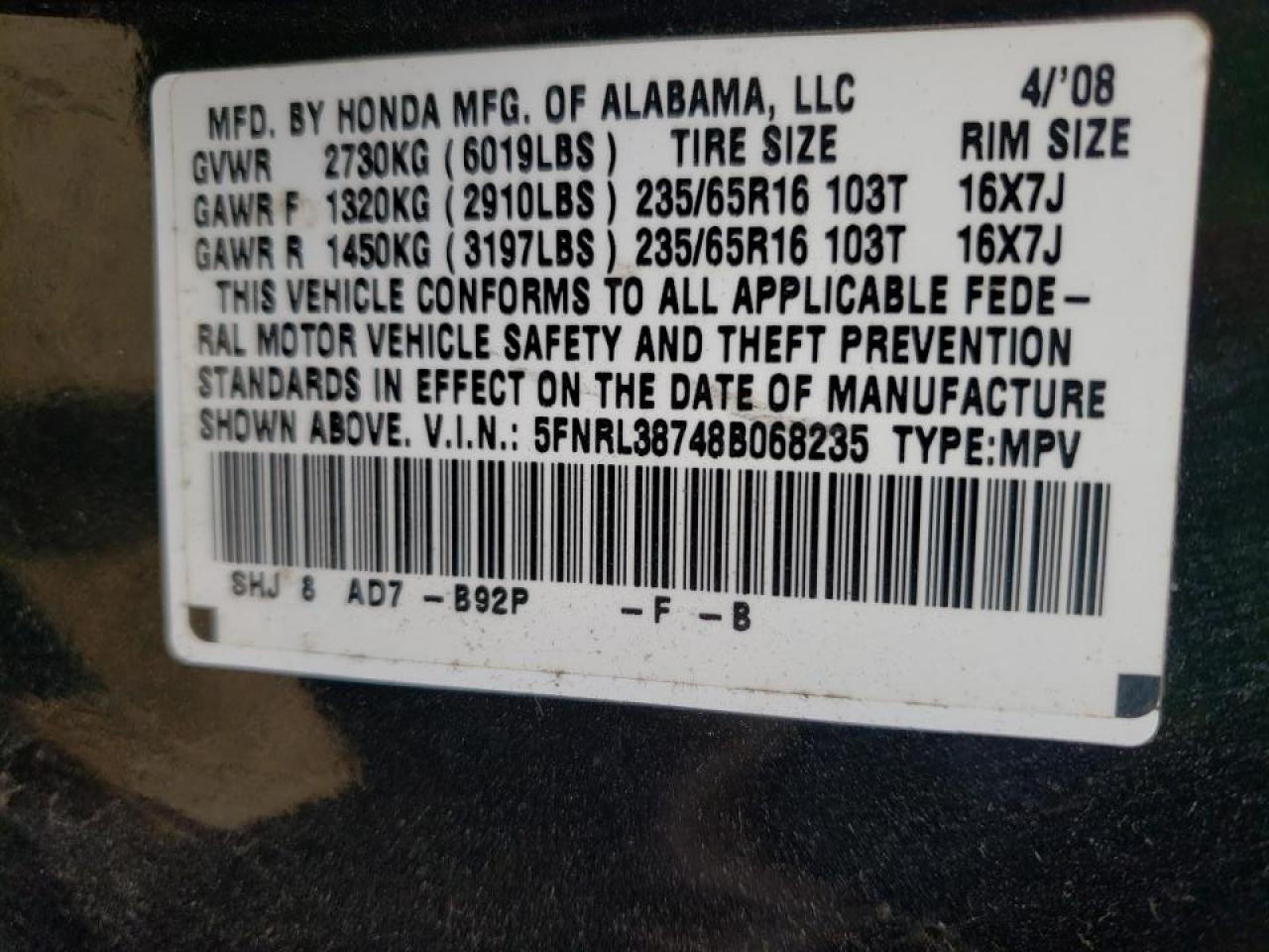 Photo 10 from auction – 2008 HONDA ODYSSEY EX with VIN 5FNRL38748B068235