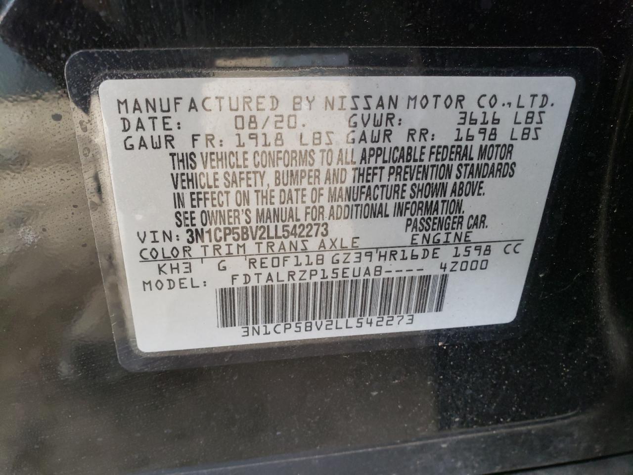 Photo 10 from auction – 2020 NISSAN KICKS S with VIN 3N1CP5BV2LL542273