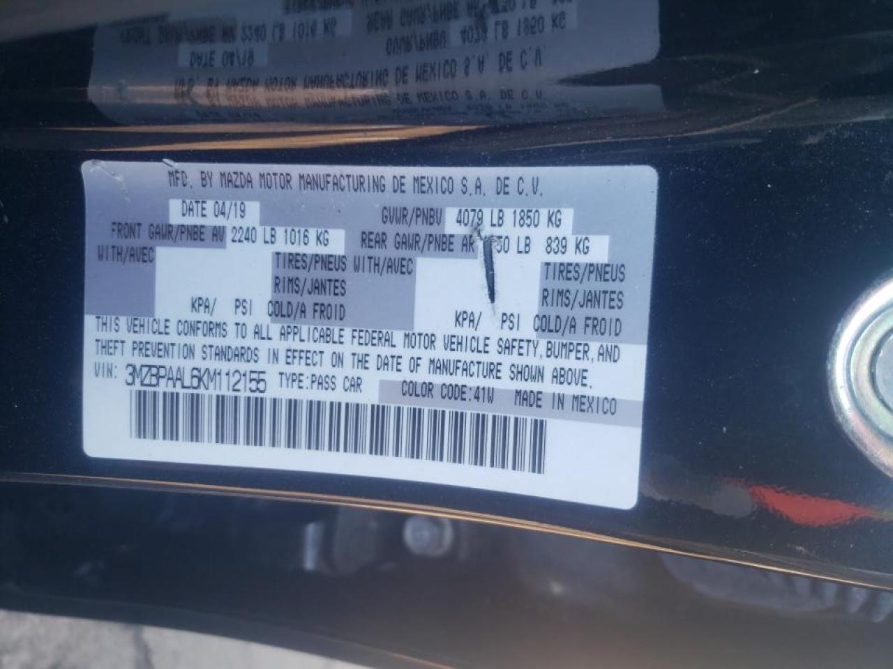Photo 10 from auction – 2019 MAZDA 3 SELECT with VIN 3MZBPAAL6KM112155