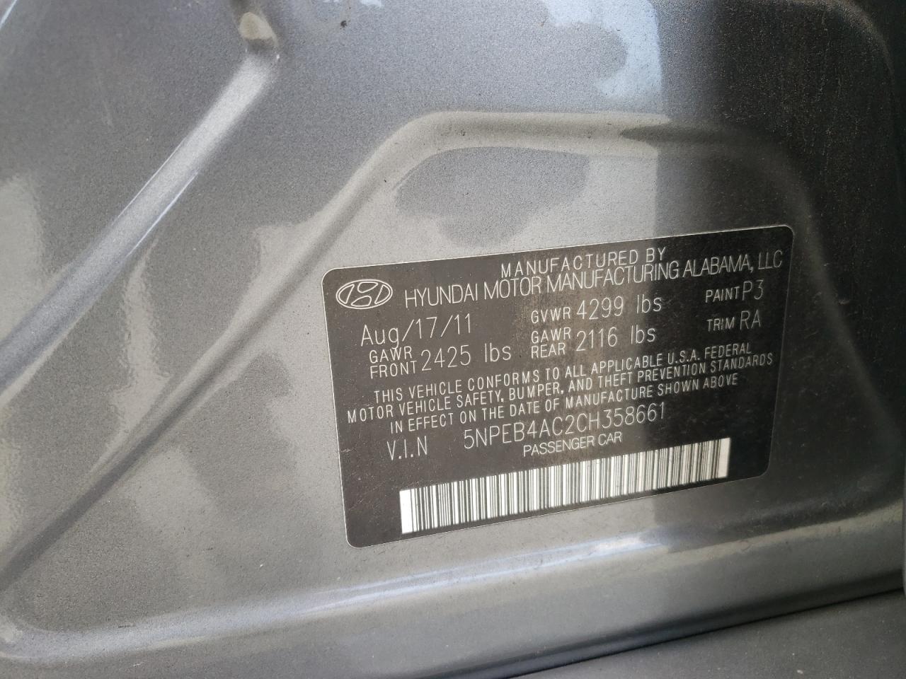 Photo 10 from auction – 2012 HYUNDAI SONATA GLS with VIN 5NPEB4AC2CH358661