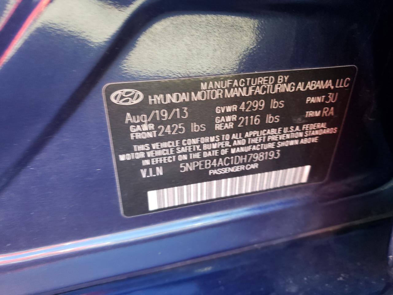 Photo 10 from auction – 2013 HYUNDAI SONATA GLS with VIN 5NPEB4AC1DH798193