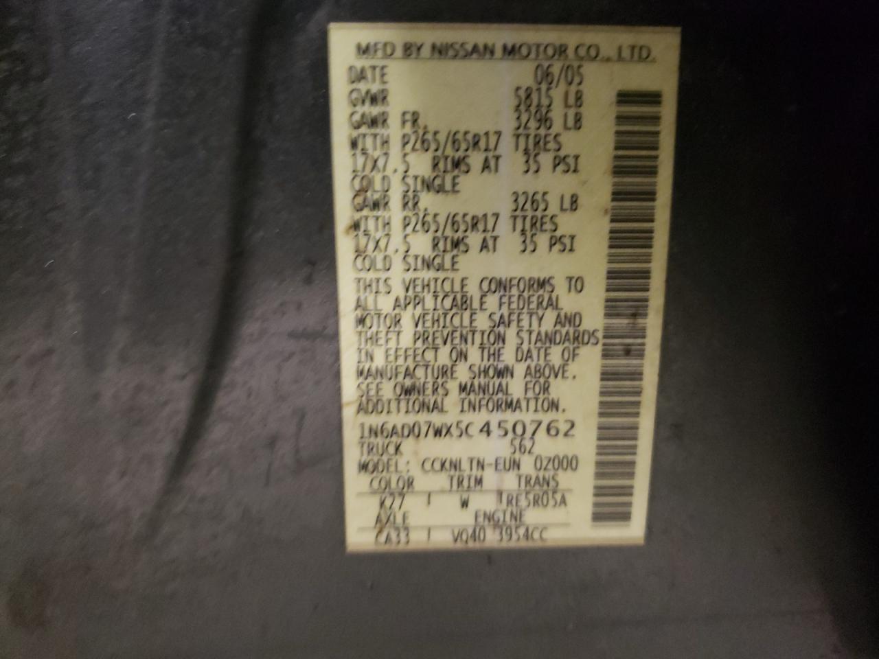 Photo 10 from auction – 2005 NISSAN FRONTIER C with VIN 1N6AD07WX5C450762
