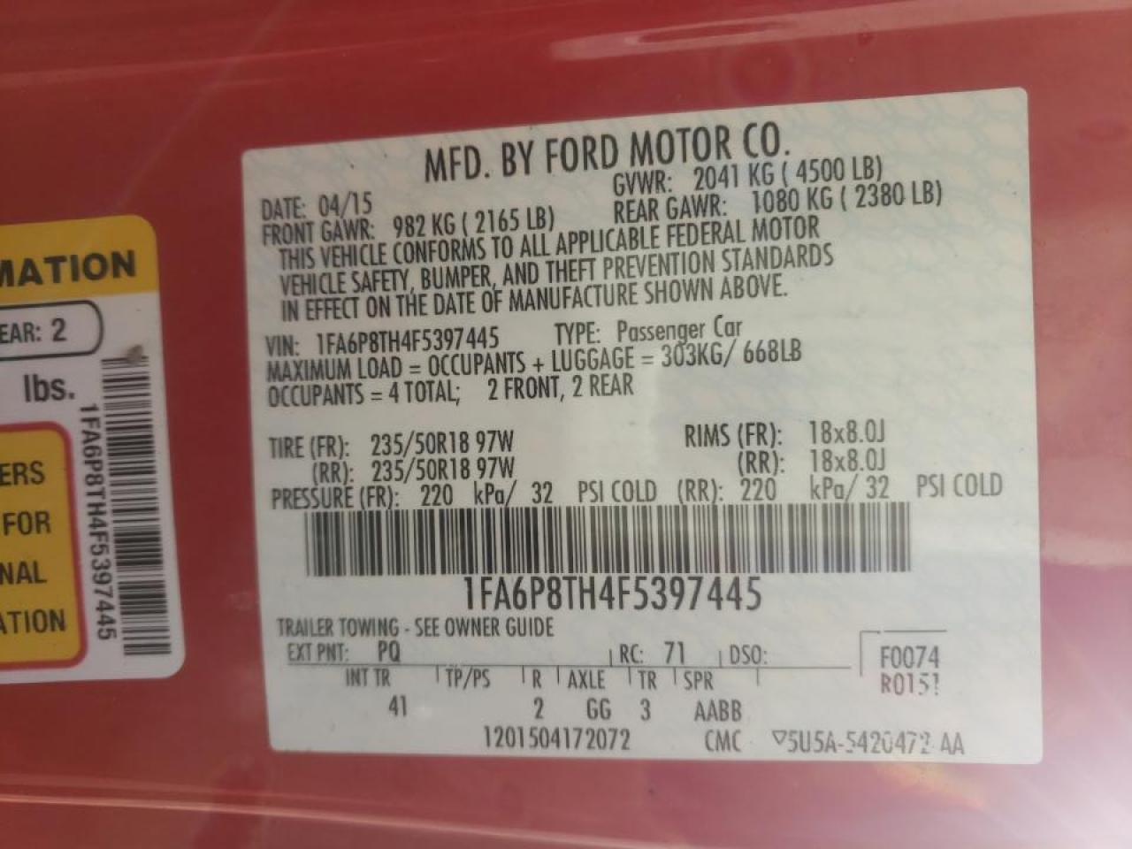 Photo 10 from auction – 2015 FORD MUSTANG with VIN 1FA6P8TH4F5397445