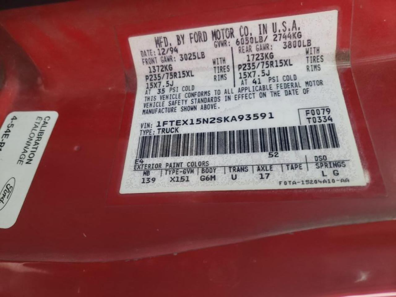 Photo 10 from auction – 1995 FORD F150 with VIN 1FTEX15N2SKA93591