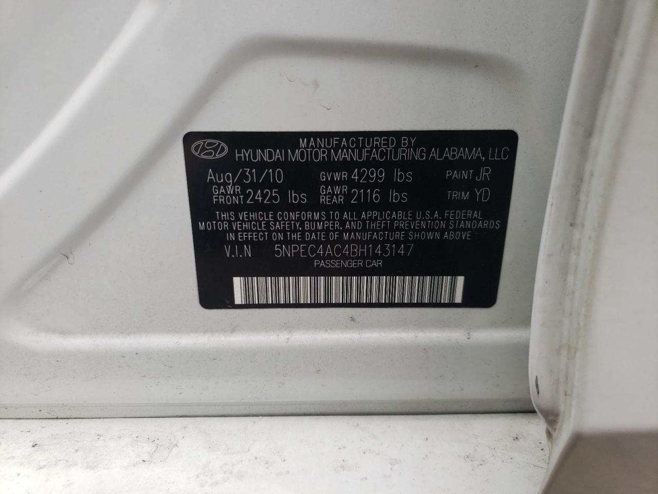Zdjęcie 10 z aukcji – 2011 HYUNDAI SONATA SE z VIN 5NPEC4AC4BH143147