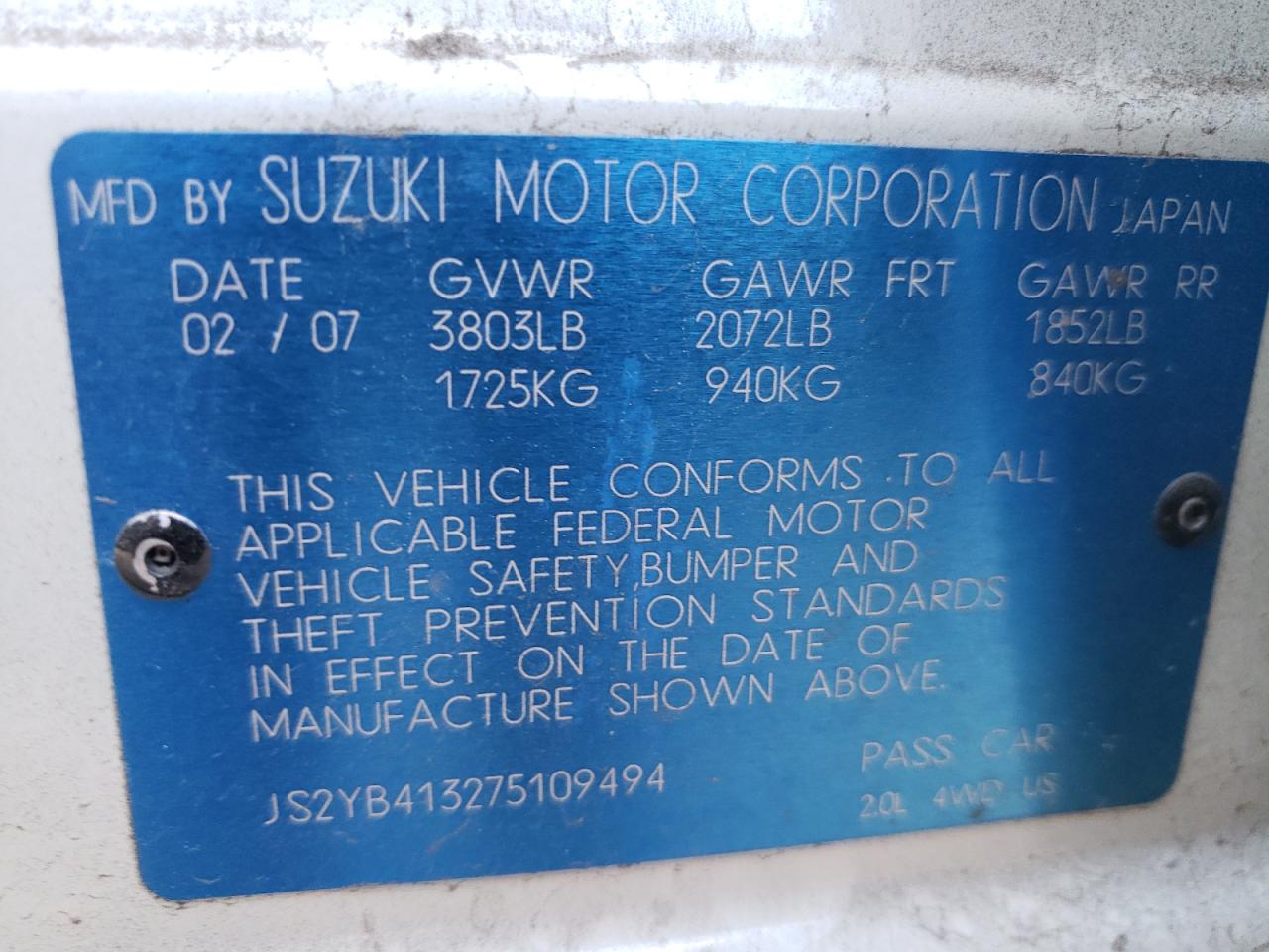 Photo 10 from auction – 2007 SUZUKI SX4 with VIN JS2YB413275109494