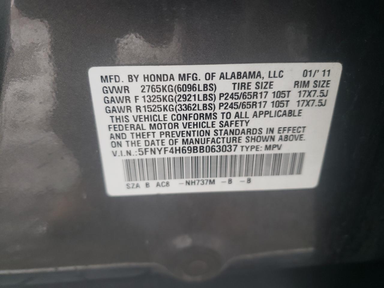 Photo 10 from auction – 2011 HONDA PILOT EXL with VIN 5FNYF4H69BB063037