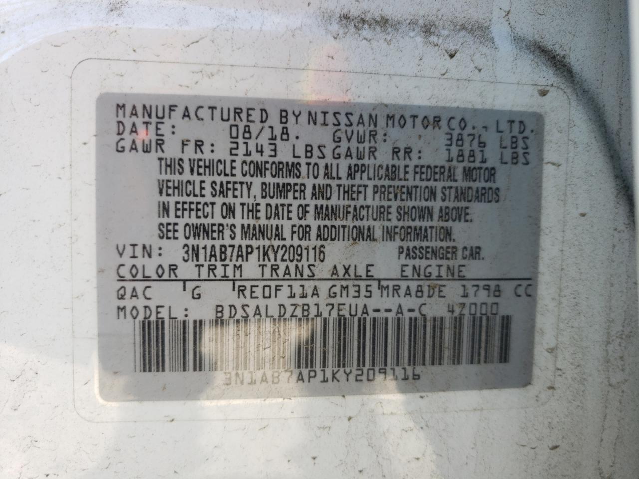 Photo 10 from auction – 2019 NISSAN SENTRA S with VIN 3N1AB7AP1KY209116