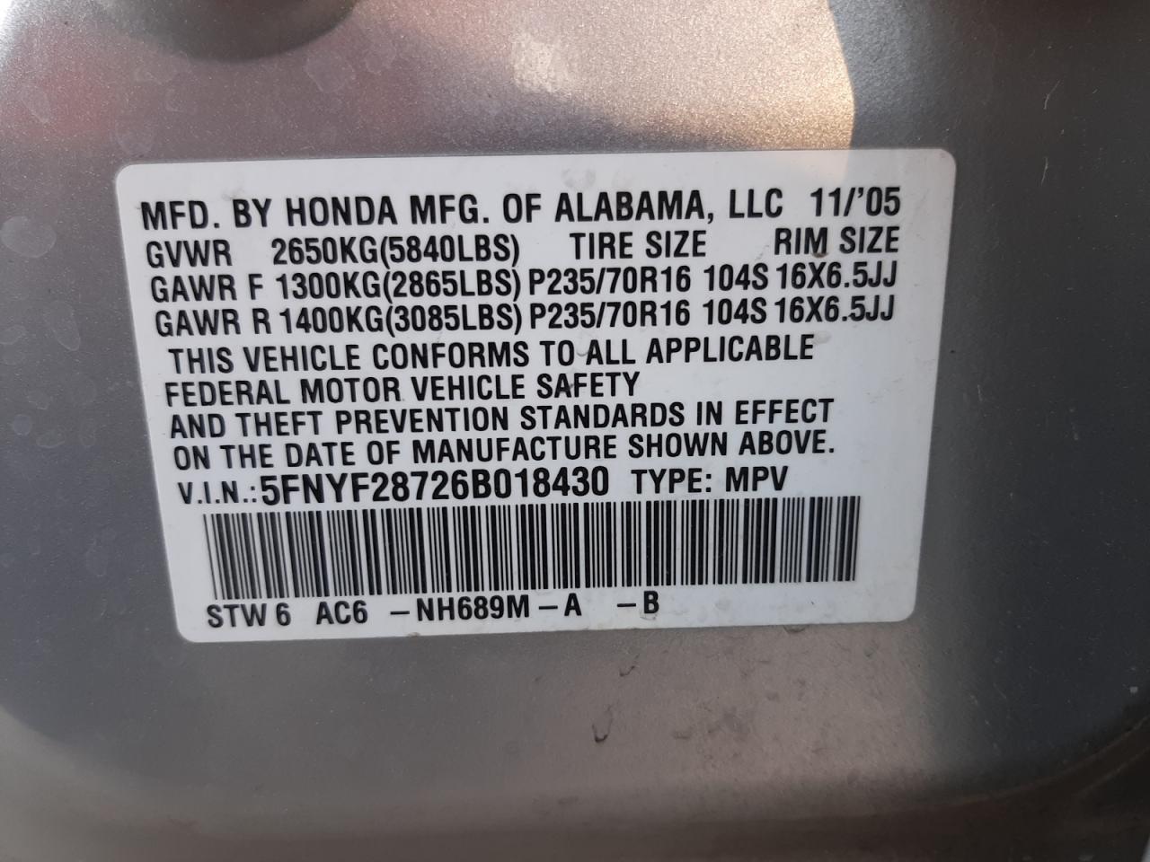 Photo 10 from auction – 2006 HONDA PILOT EX with VIN 5FNYF28726B018430