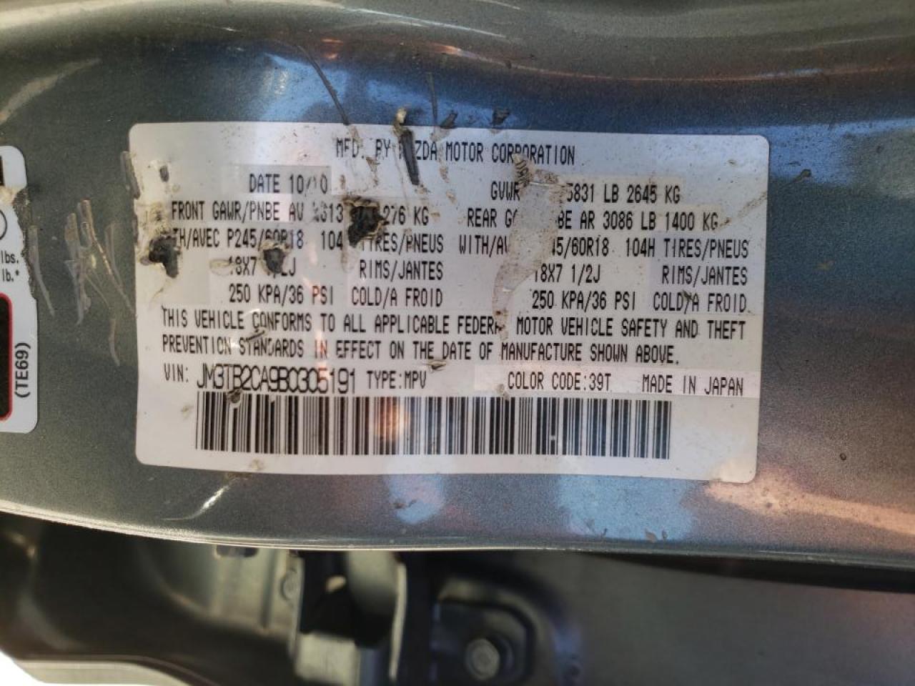Photo 10 from auction – 2011 MAZDA CX-9 with VIN JM3TB2CA9B0305191