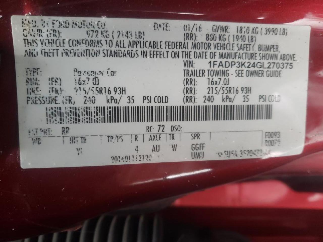 Photo 10 from auction – 2016 FORD FOCUS SE with VIN 1FADP3K24GL270375