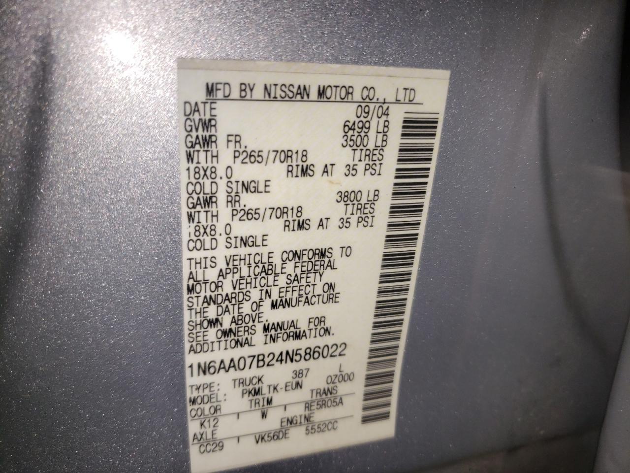 Photo 10 from auction – 2004 NISSAN TITAN XE with VIN 1N6AA07B24N586022