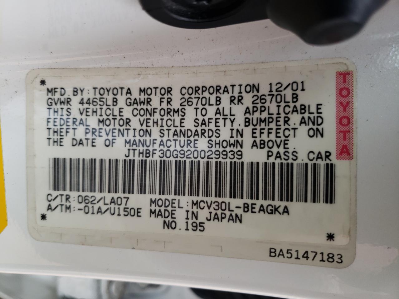 Photo 10 from auction – 2002 LEXUS ES 300 with VIN JTHBF30G920029939