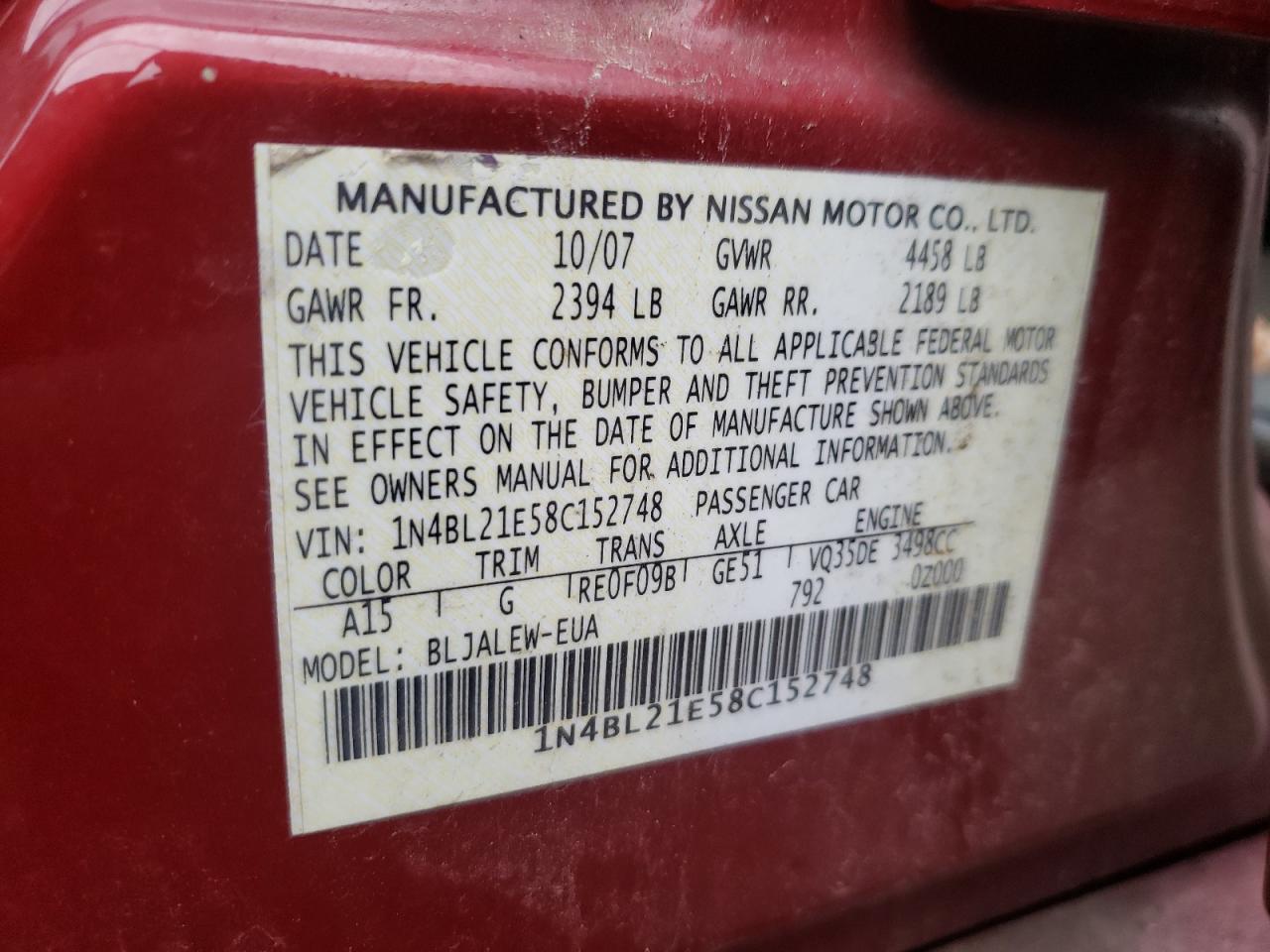 Photo 10 from auction – 2008 NISSAN ALTIMA 3.5 with VIN 1N4BL21E58C152748