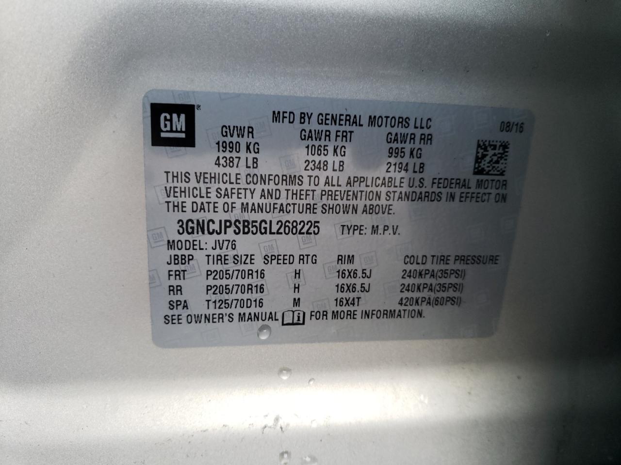 Photo 10 from auction – 2016 CHEVROLET TRAX 1LT with VIN 3GNCJPSB5GL268225