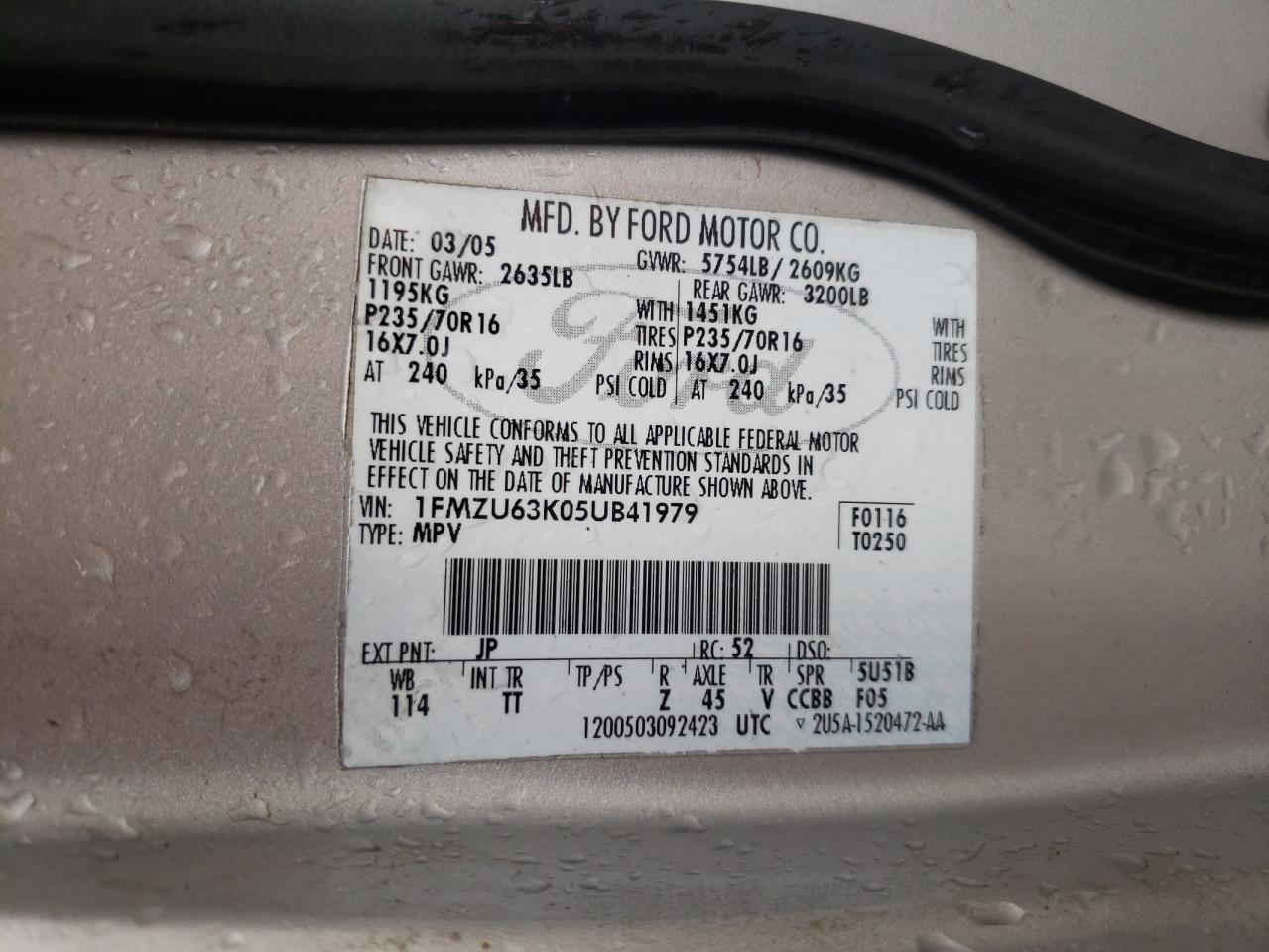 Photo 10 from auction – 2005 FORD EXPLORER X with VIN 1FMZU63K05UB41979