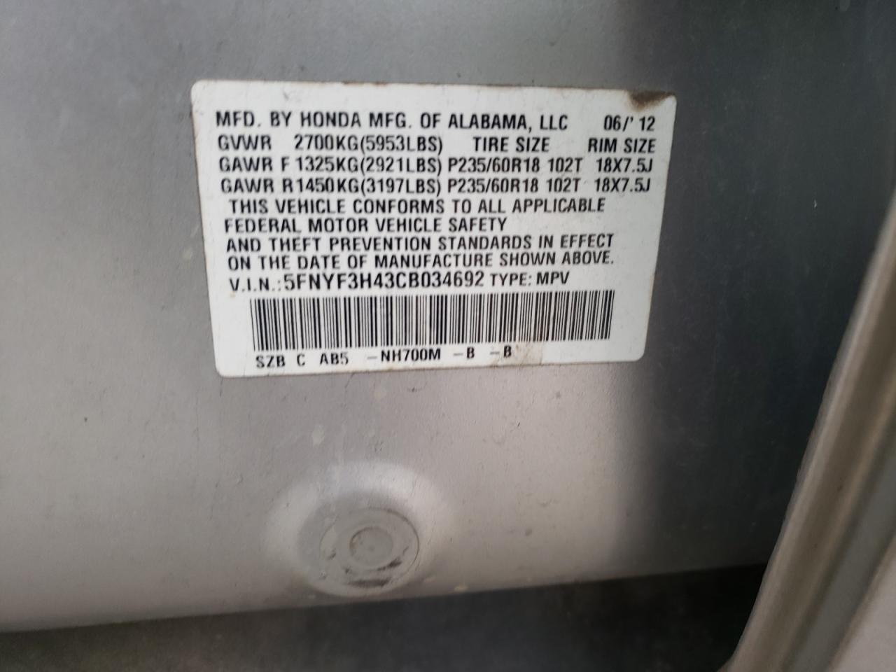 Photo 10 from auction – 2012 HONDA PILOT EX with VIN 5FNYF3H43CB034692