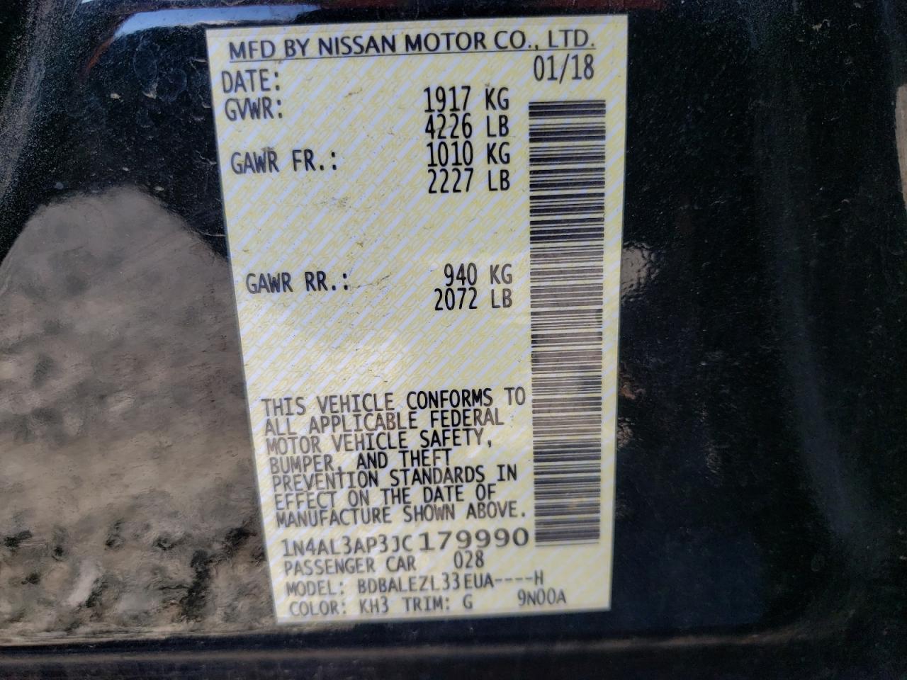 Photo 10 from auction – 2018 NISSAN ALTIMA 2.5 with VIN 1N4AL3AP3JC179990