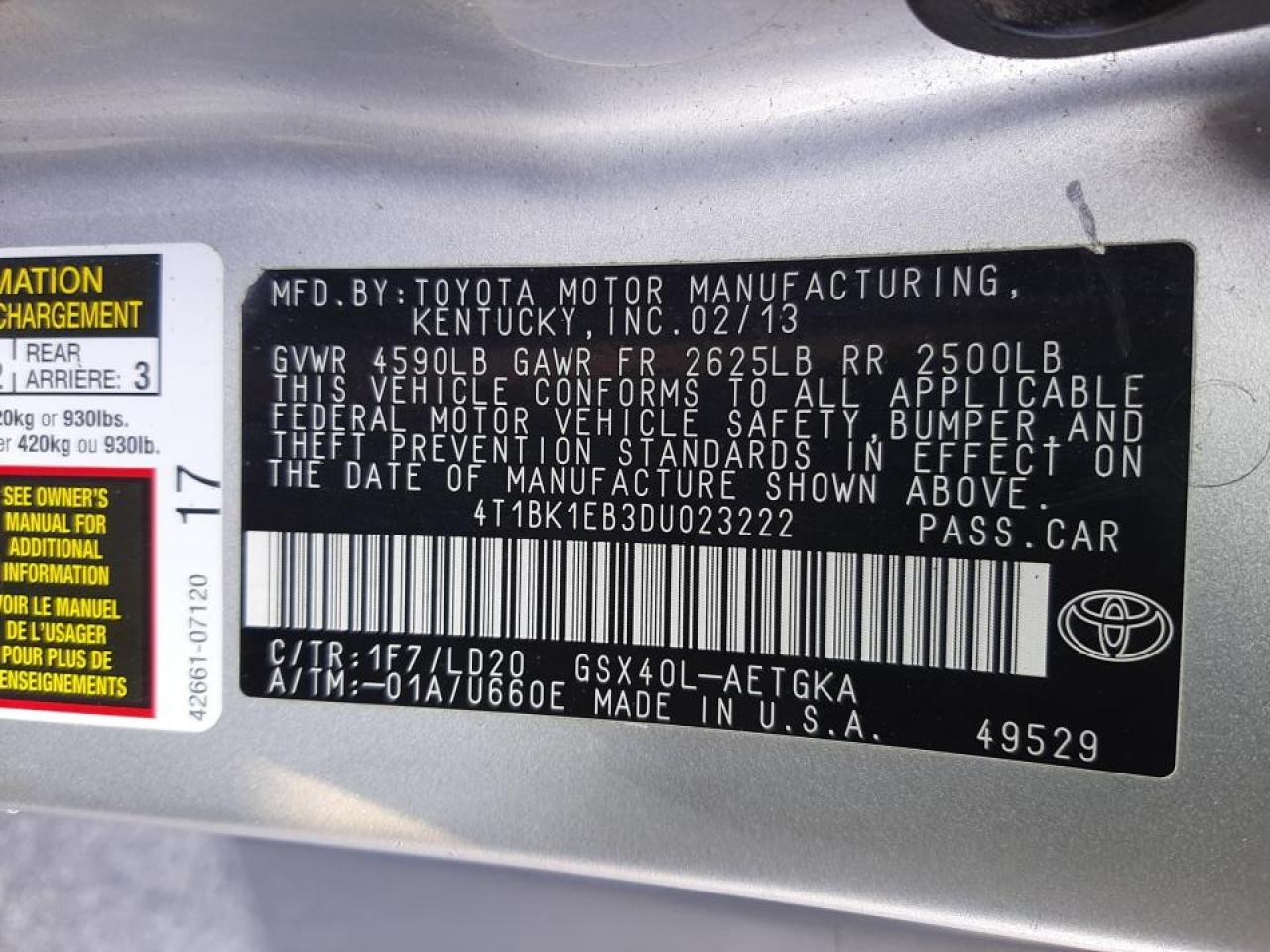 Photo 10 from auction – 2013 TOYOTA AVALON BAS with VIN 4T1BK1EB3DU023222