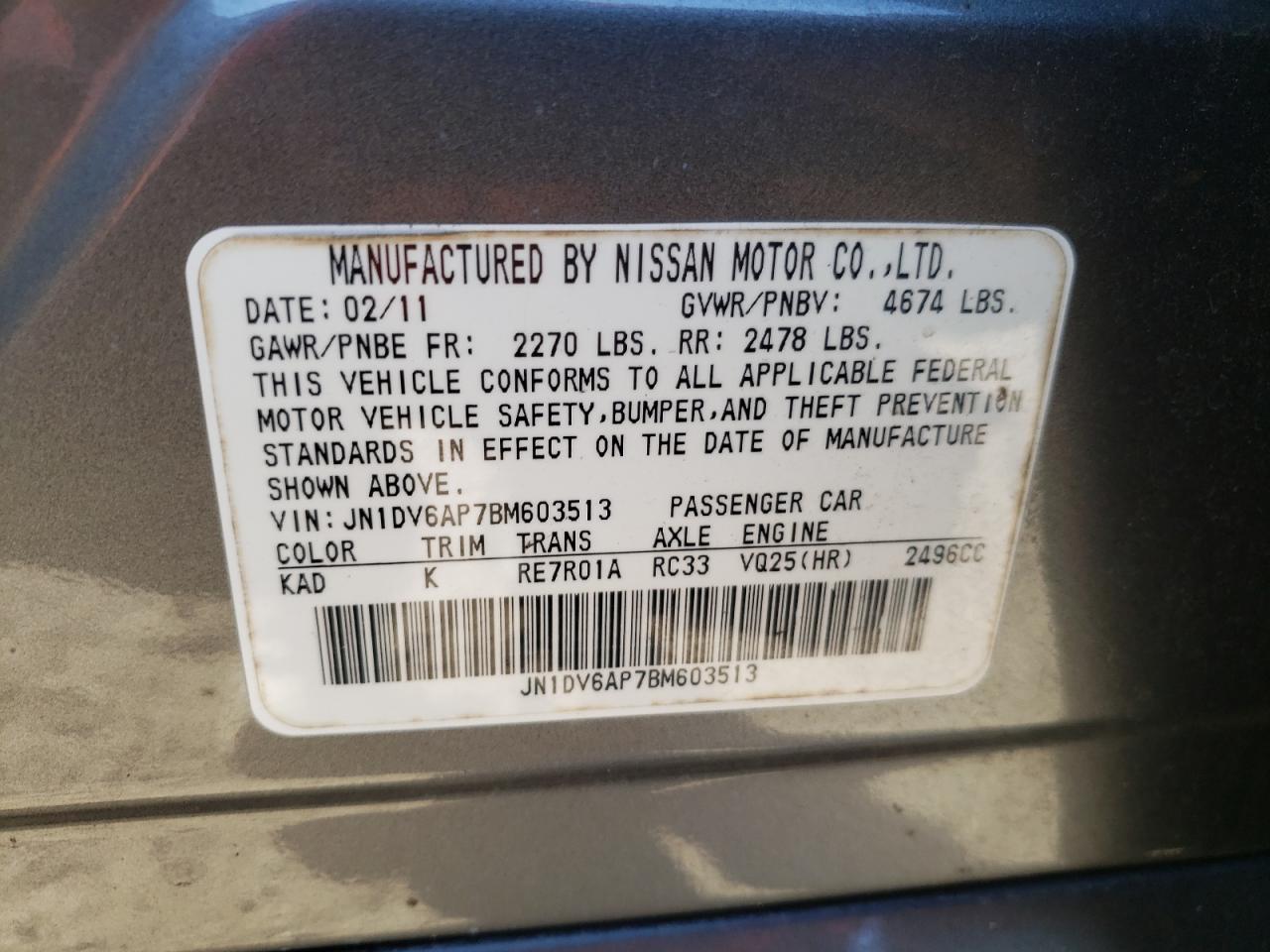 Photo 10 from auction – 2011 INFINITI G25 BASE with VIN JN1DV6AP7BM603513