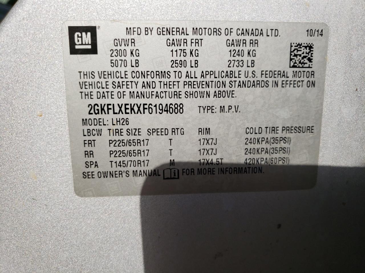 Photo 10 from auction – 2015 GMC TERRAIN SL with VIN 2GKFLXEKXF6194688