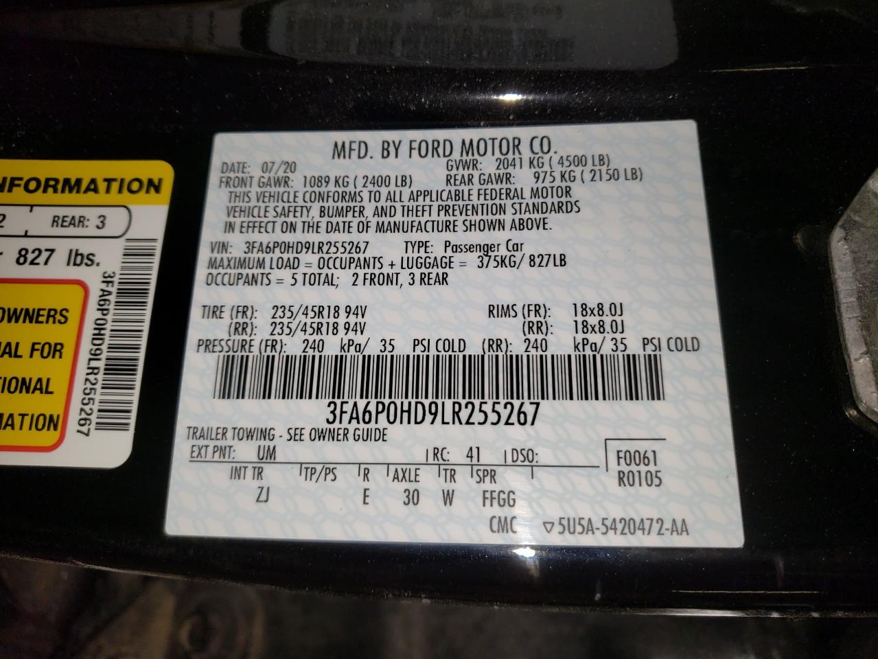 Photo 10 from auction – 2020 FORD FUSION SE with VIN 3FA6P0HD9LR255267