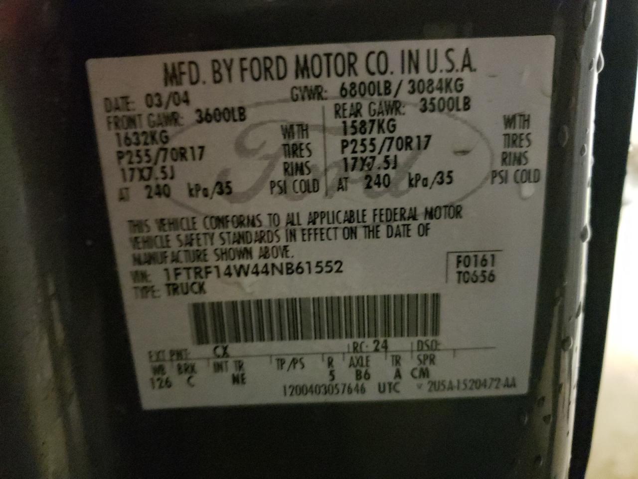 Photo 10 from auction – 2004 FORD F150 with VIN 1FTRF14W44NB61552