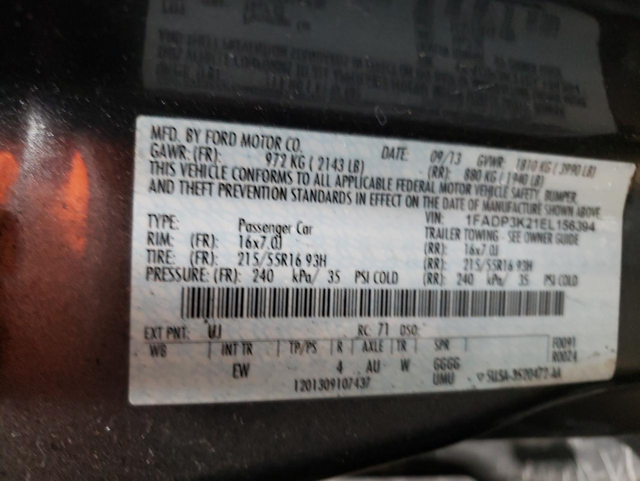 Photo 10 from auction – 2014 FORD FOCUS SE with VIN 1FADP3K21EL156394