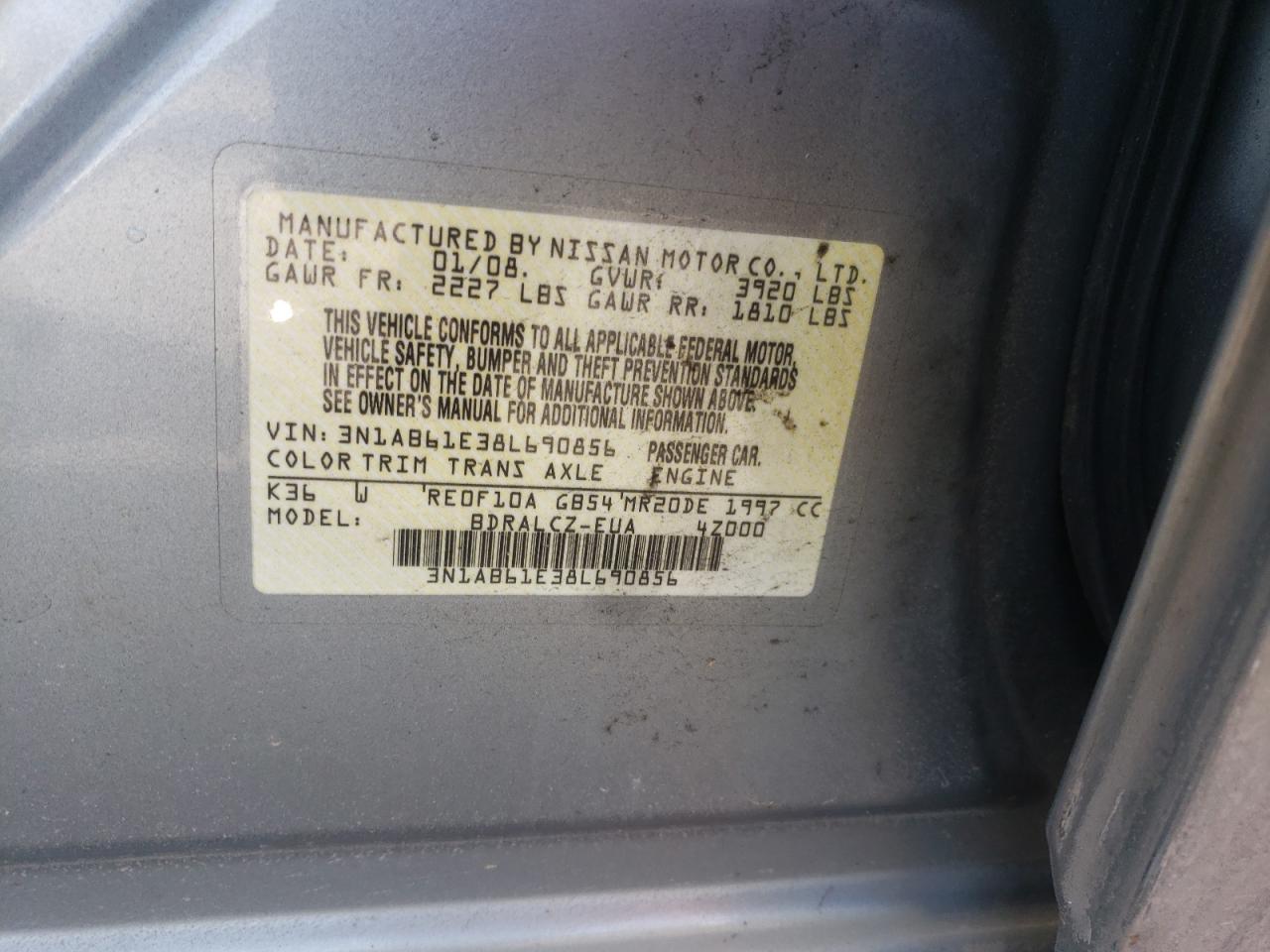 Photo 10 from auction – 2008 NISSAN SENTRA 2.0 with VIN 3N1AB61E38L690856