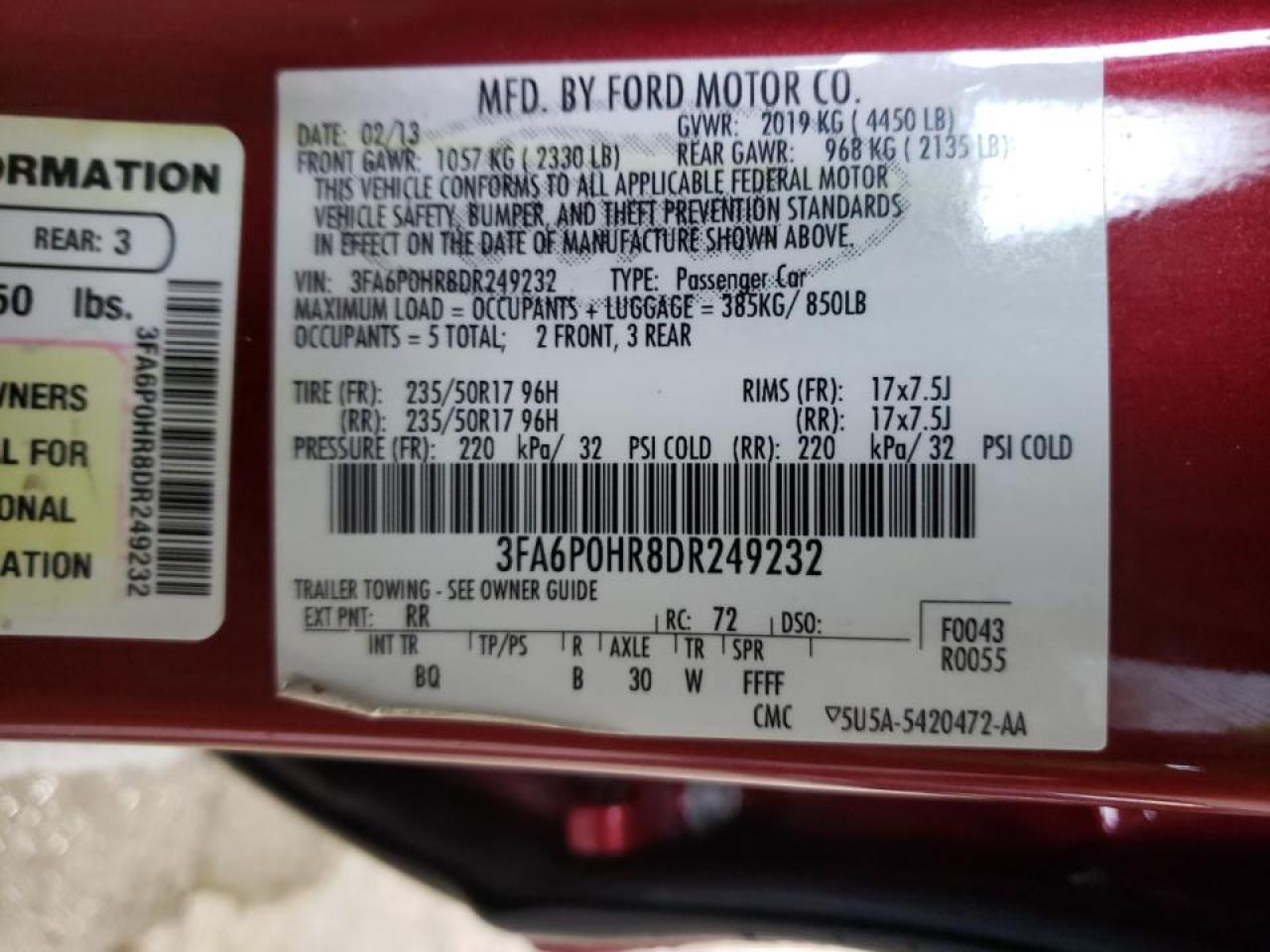 Photo 10 from auction – 2013 FORD FUSION SE with VIN 3FA6P0HR8DR249232