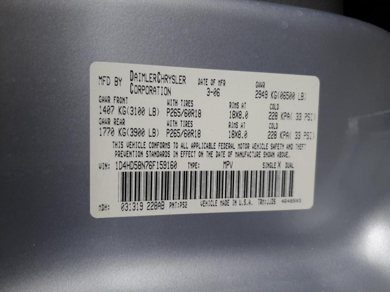 Photo 10 from auction – 2006 DODGE DURANGO LI with VIN 1D4HD58N76F159160